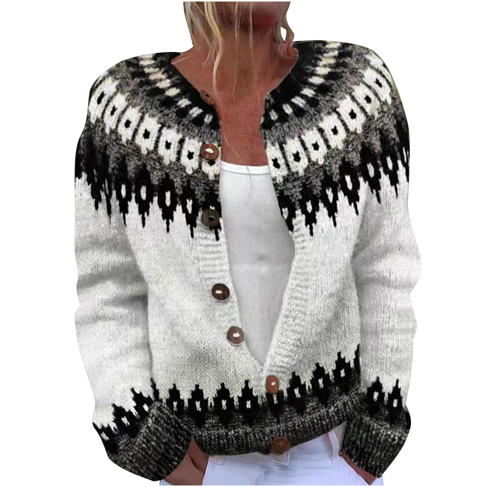Womens Sweaters Cardigan Ethnic Floral Sweater Lightweight Long Sleeve Plus Size Loose Comfy Button Knitwear Tops