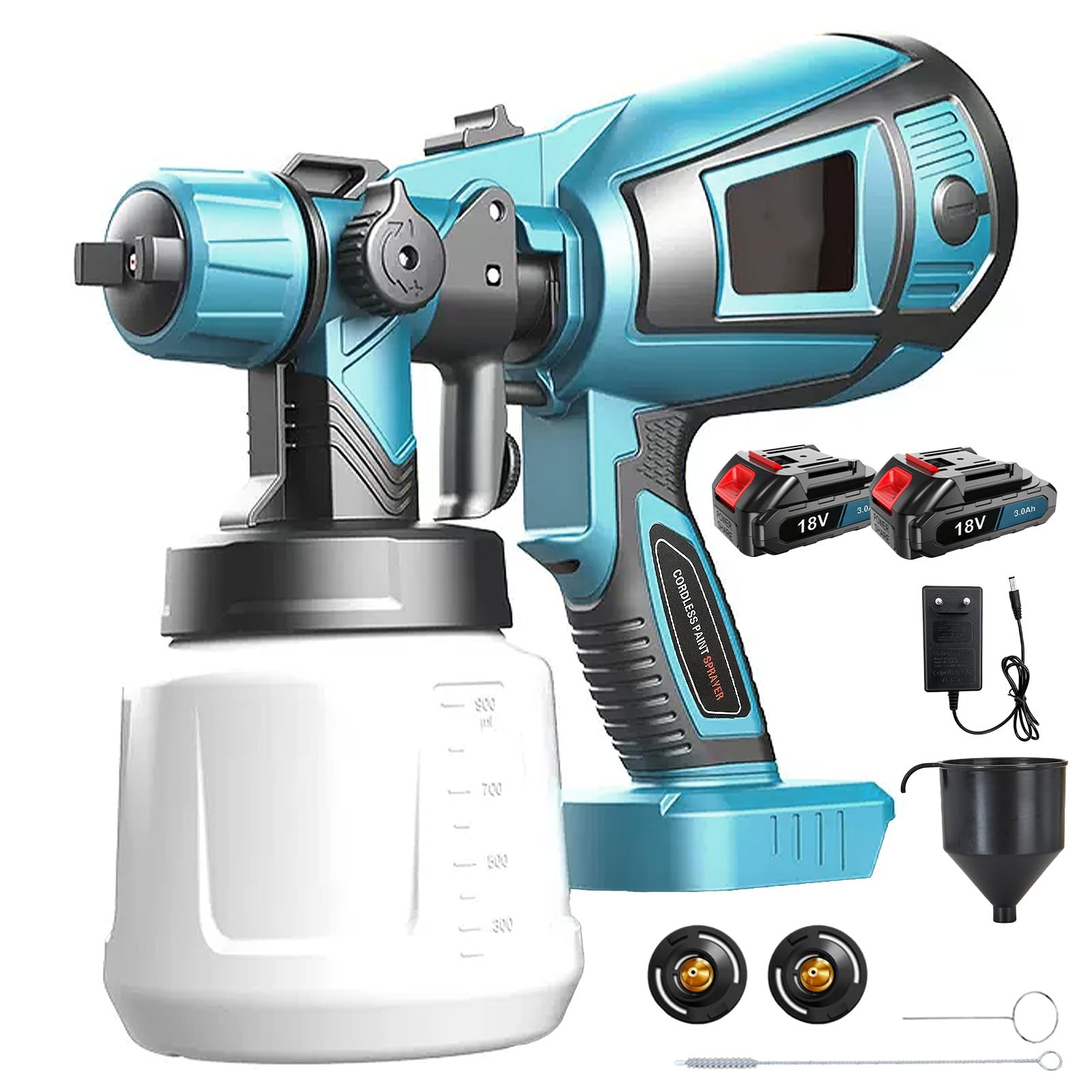 Pistola de pintura inalámbrica con 2 baterías de 3000 mAh y cargador, contenedor de 1000 ml, 3 boquillas (1,0/1,8/2,5 mm), boquilla y aguja de cobre, recipiente de PVC duradero - para paredes, puertas