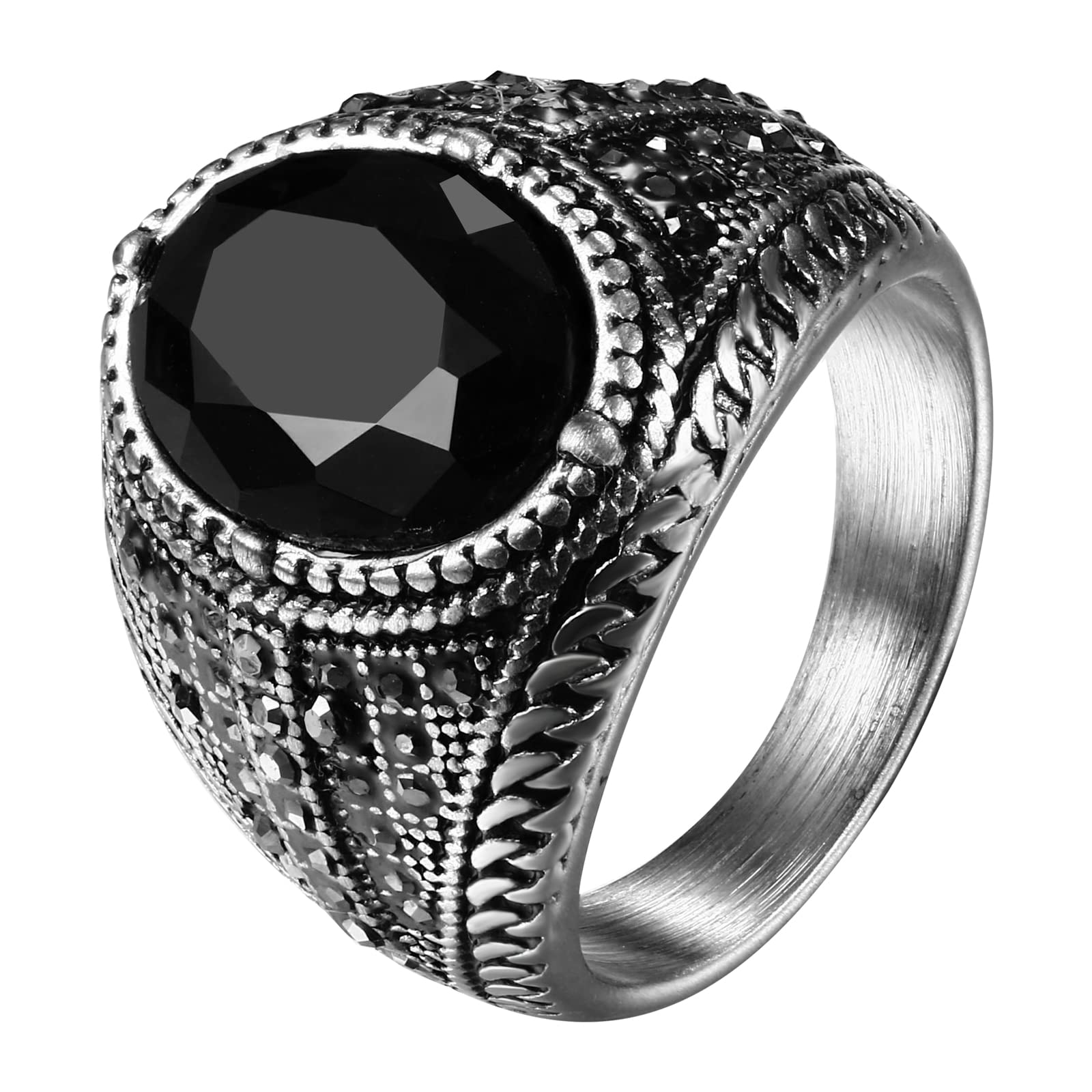 OIDEA Anillo de Acero Inoxidable para Hombre, Anillos de Plata con Piedra Negra Artificial, Estilo Rock Gótico, Regalo Clásico Vintage, Novio, Padre, Compromiso