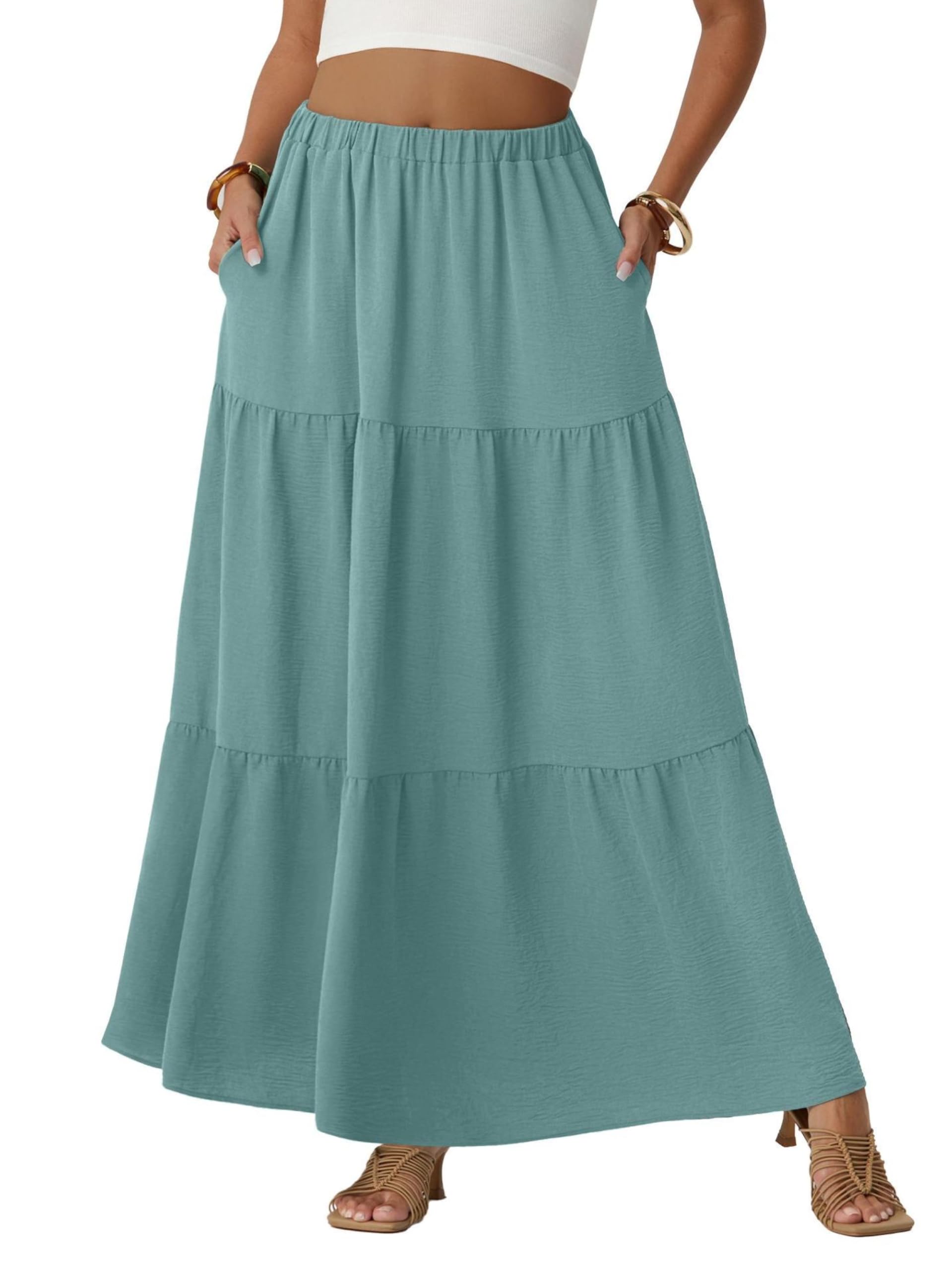 QIXING Damen Maxirock Sommer Boho Blumen Muster Hohe Taille Langer Fließender Rock mit Taschen Stufenrock Elastischer Taille