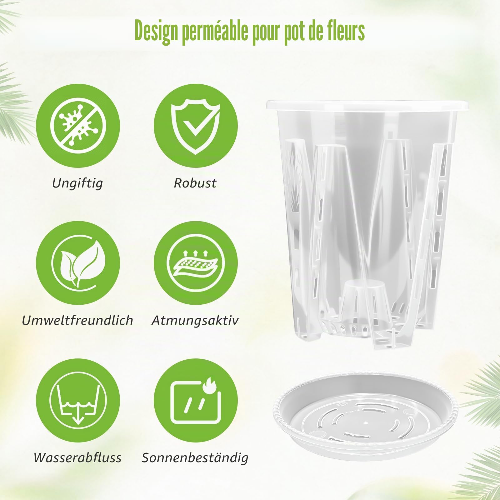 Cable Leader Lot de 3 Pots à orchidées Transparents en Fleur Plastique | pot orchidée avec trous de drainage, perméables à l'air pour plantes et fleurs en intérieur et en extérieur (14 cm + plateau)