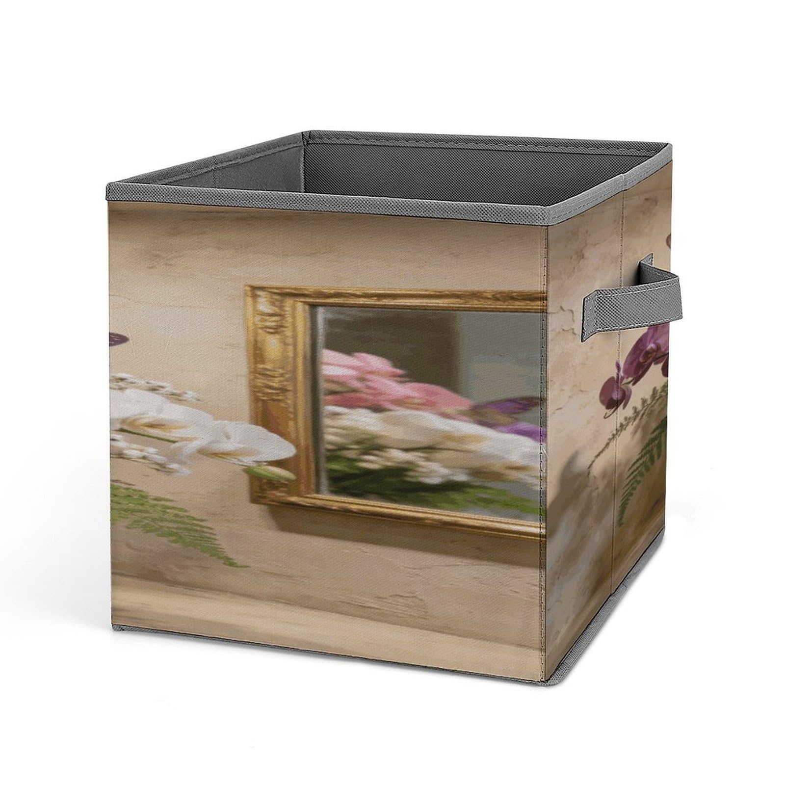 VstaDank Aesthetic Butterfly Orchid Storage Bin Collapsible Storage Cubes Organizer Oxford Cloth Storage Box with Dual Handles Large Stackable Closet Storage Bins for Sheets Hat Sweater