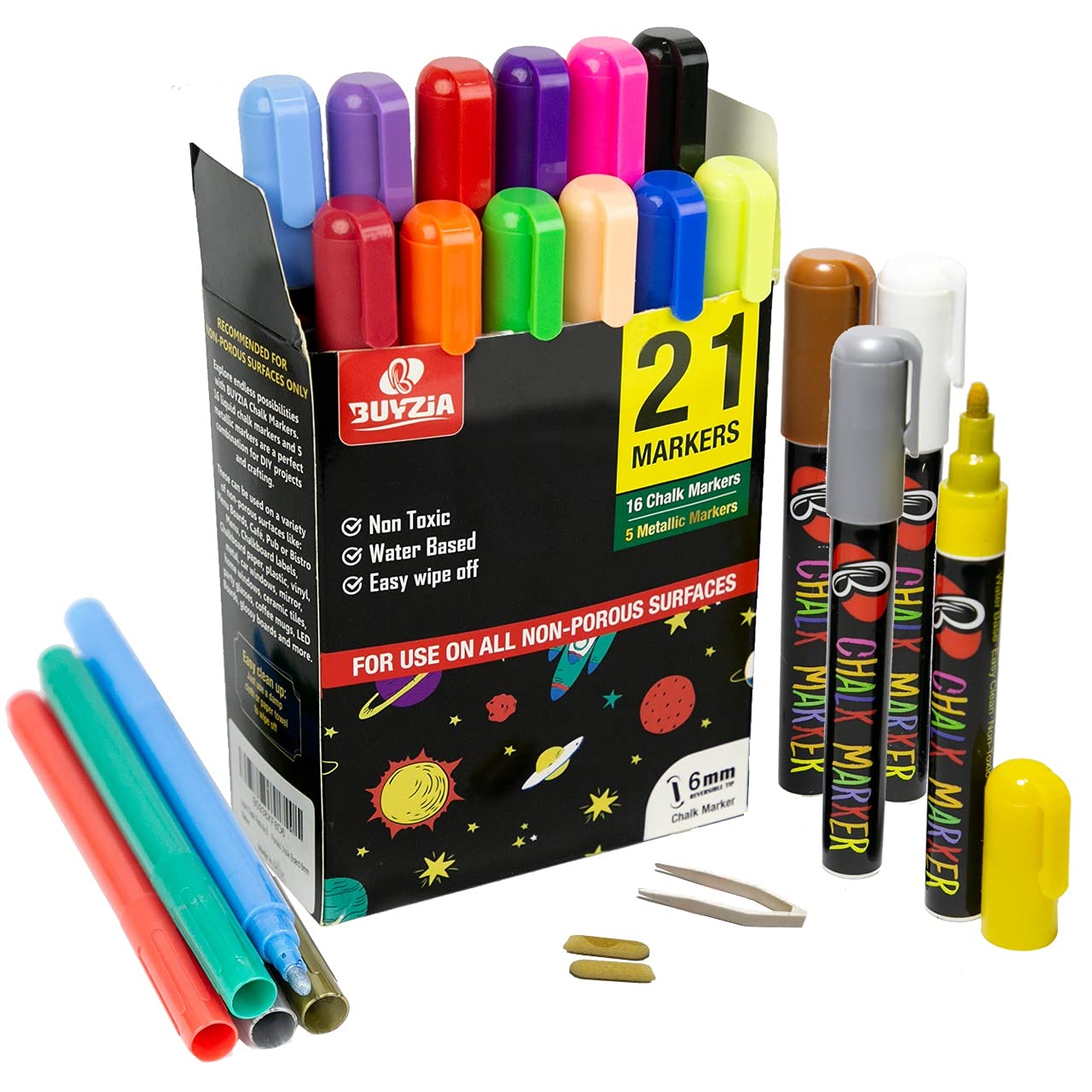 Liquid Chalk Pens 6mm 21 Pack (16 Neon Colors + 5 metallic Markers) for Non Porous Surfaces, Chalk Pens with Reversible Tip for Blackboards, Chalkboards, Glass, and Windows