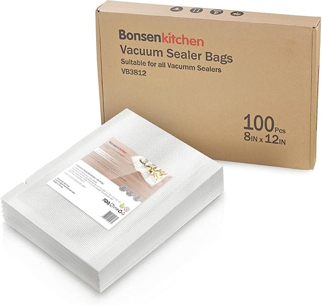 Bonsenkitchen Vacuum Food Sealer Bags (20X30cm) 100 Bags, BPA Free, Commercial Grade Textured Food Vacuum Sealer Bag, Thick Embossed Bags for Food Storage and Sous Vide Cooking