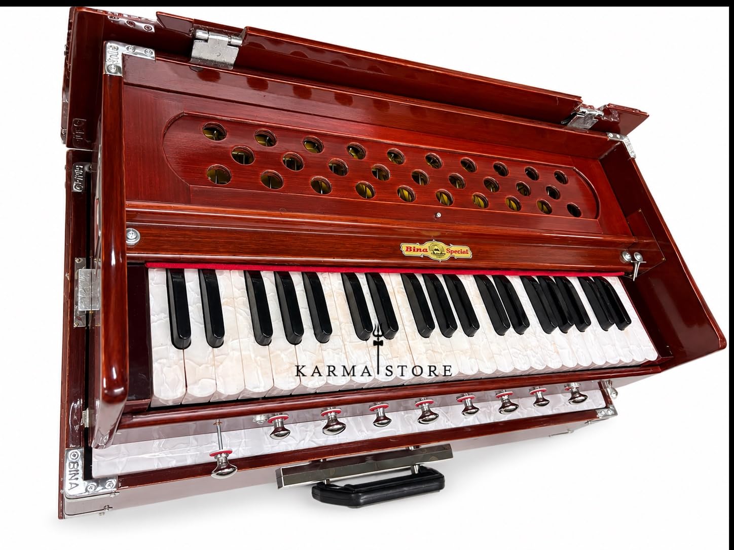 Harmonium Traveler, tragbar faltbar mit 9 Stops, 3½ Oktaven, Teak, Holz, 18 x 12 x 7 Zoll, 8 kg, Bass-Male Reed, 440 Hz