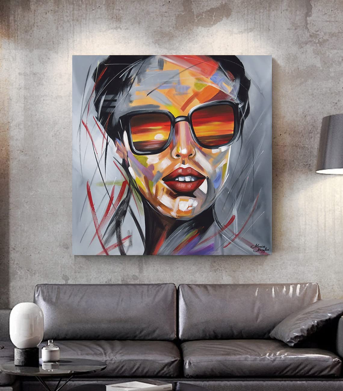 Monica Mirafiori I 100% HANDGEMALT I Gemälde Sonnenbrille 90x90cm | Gemälde Handgemalt | Acrylgemälde | Sehr Großes Acrylbild I Moderne Kunst I Kunstbilder