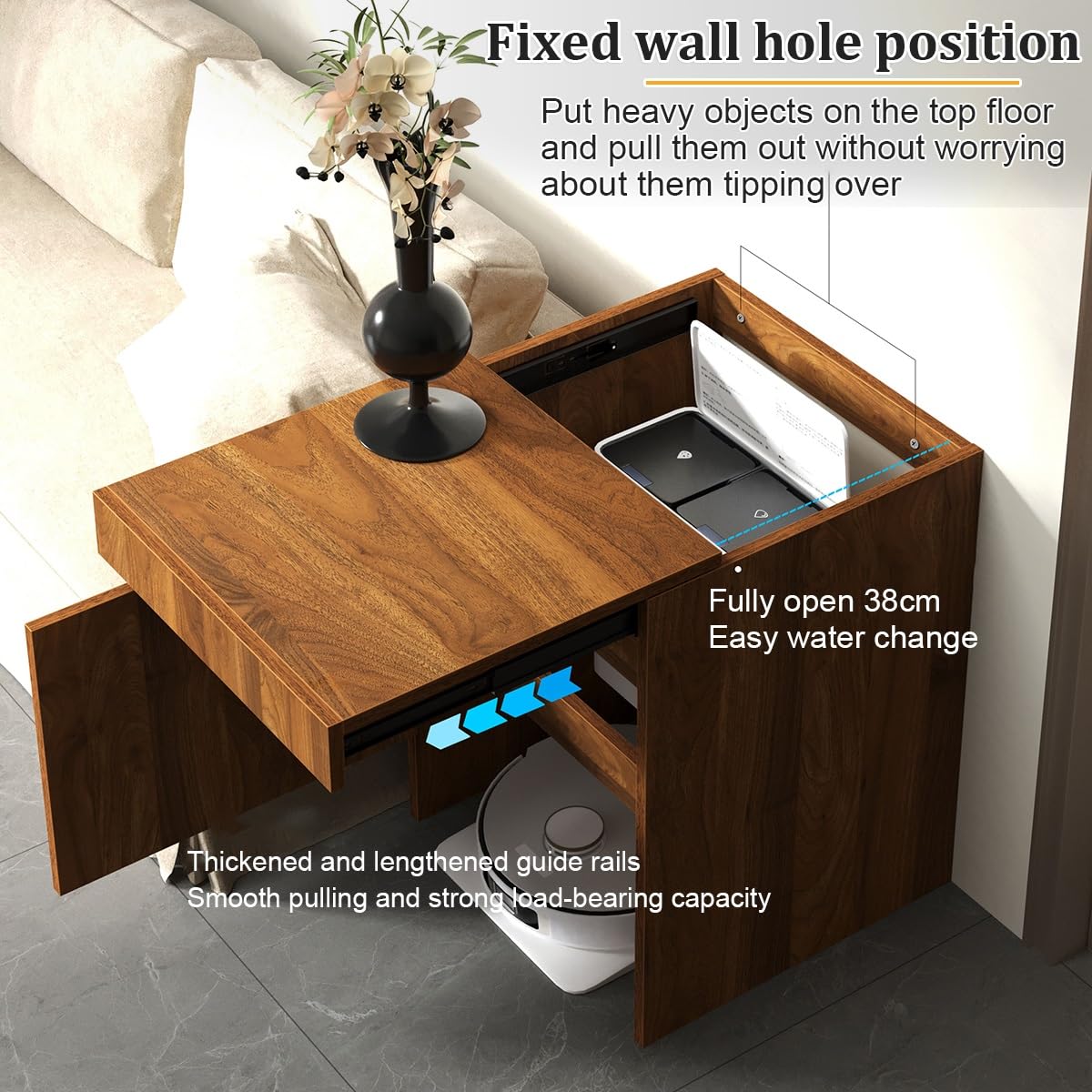 Versteckter Staubsauger-Schrank mit Türen, Platzsparender Holzschrank mit Ausziehbarer Oberseite zum Wasserwechsel, Für Wohnzimmer, Schlafzimmer, Küche(Black)