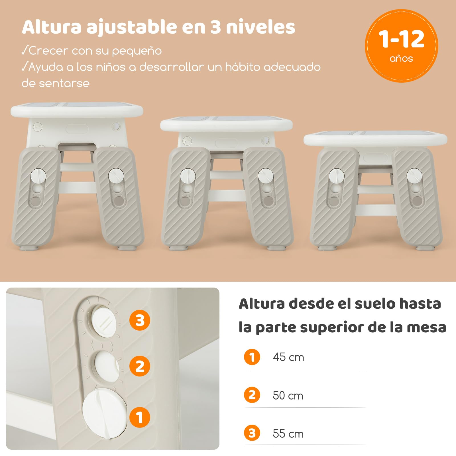 COSTWAY Juego de Mesa y Silla para Niños, Mesa de Arte Infantil con Silla y Estante, Tapa Abatible, Pizarra Magnética Borrable, Mesa de 3 Altura Ajustable para Dibujar, Incluye Accesorios (Gris)