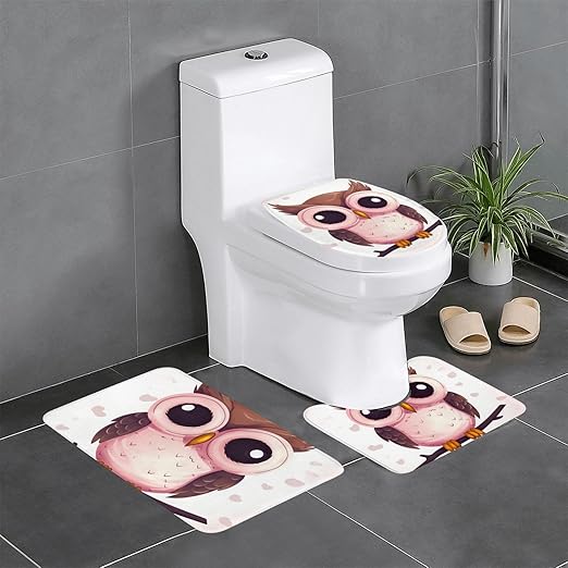 DEHIWI Cute Owl Bathroom Rug Set Non Slip Rubber Backing Absorbent Bath