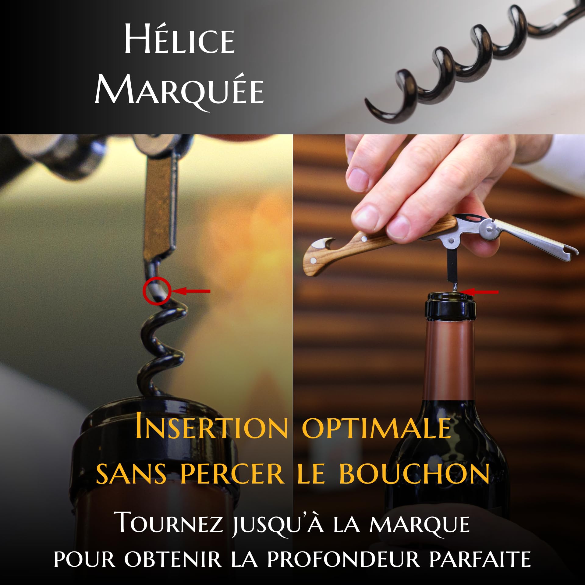 Limonadier pour Professionnels FALCORK® 144 Efficacité – Tire-Bouchon à Une Étape pour Usage Intensif en Hôtellerie-Restauration avec Hélice Marquée, Décapsuleur Intégré et Manche en Bois d’Olivier