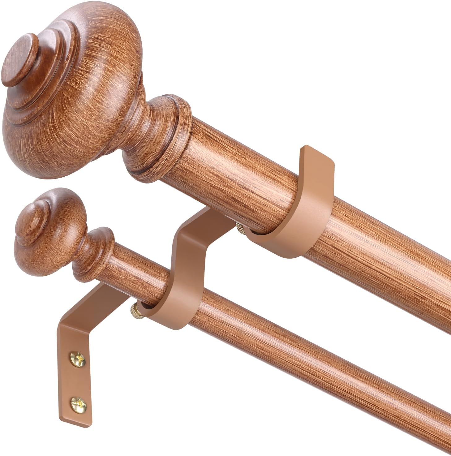 Wood Double Curtain Rods for Windows 72 to 144 inch, Boho Vintage Decorative 1 Inch Adjustable Long Dual Curtain Rod, Heavy Duty Farmhouse Double Drapery Pole with Imitation Wood Grain Finial