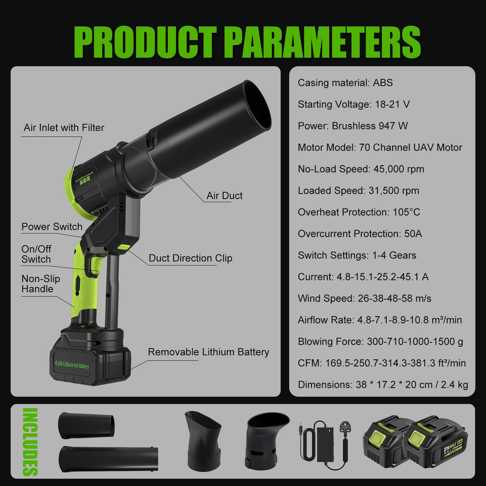 Soplador de Hojas Inalámbrico - Motor sin Escobillas 947W, Flujo de Aire Máx. 381CFM, 4 Velocidades (25-58m/s), Escoba de Aire Ligera para Hojass/Césped/Terraza/Jardín/Limpieza de Autos 2Battery