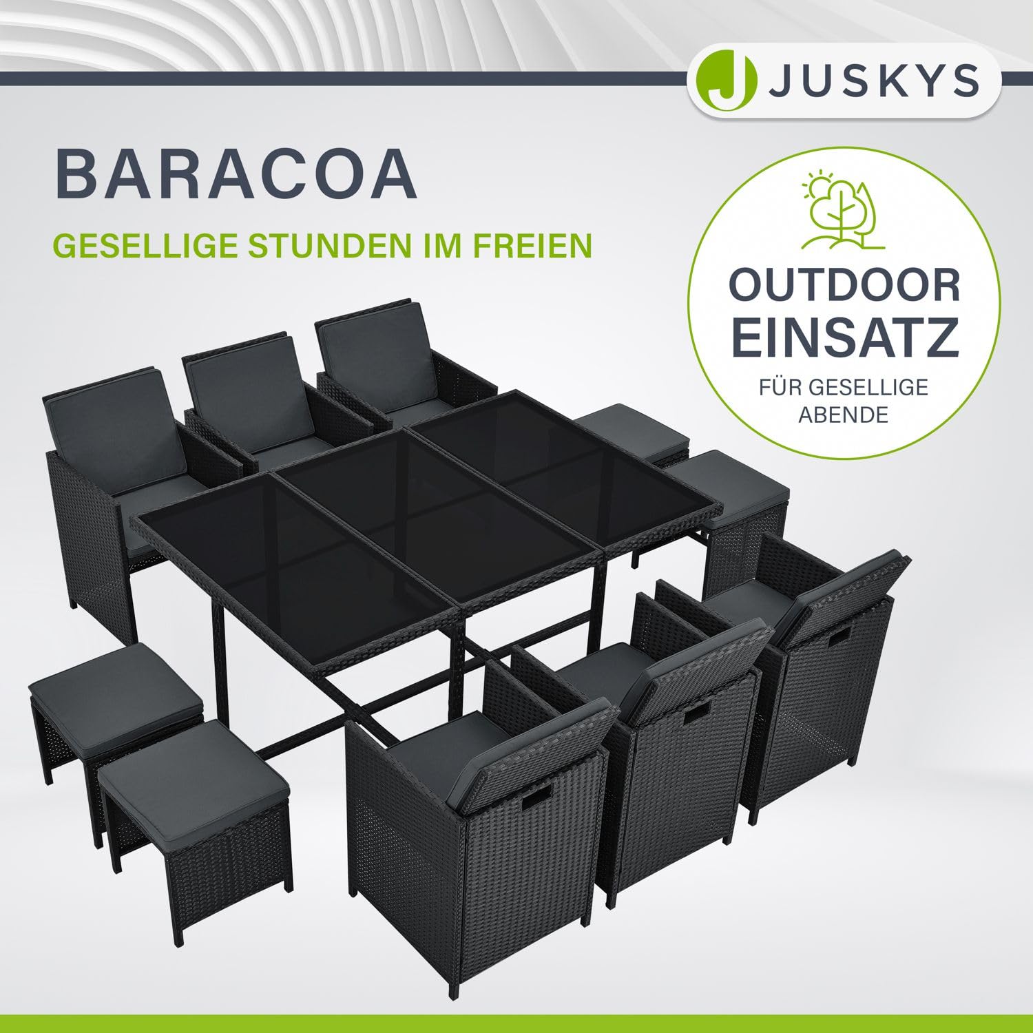 Juskys Polyrattan Sitzgruppe Baracoa XL 11-teilig wetterfest & stapelbar - 6 Stühle, 4 Hocker, Tisch mit Glasplatte & Kissen - 10 Personen - Gartenmöbel Set für Garten & Terrasse
