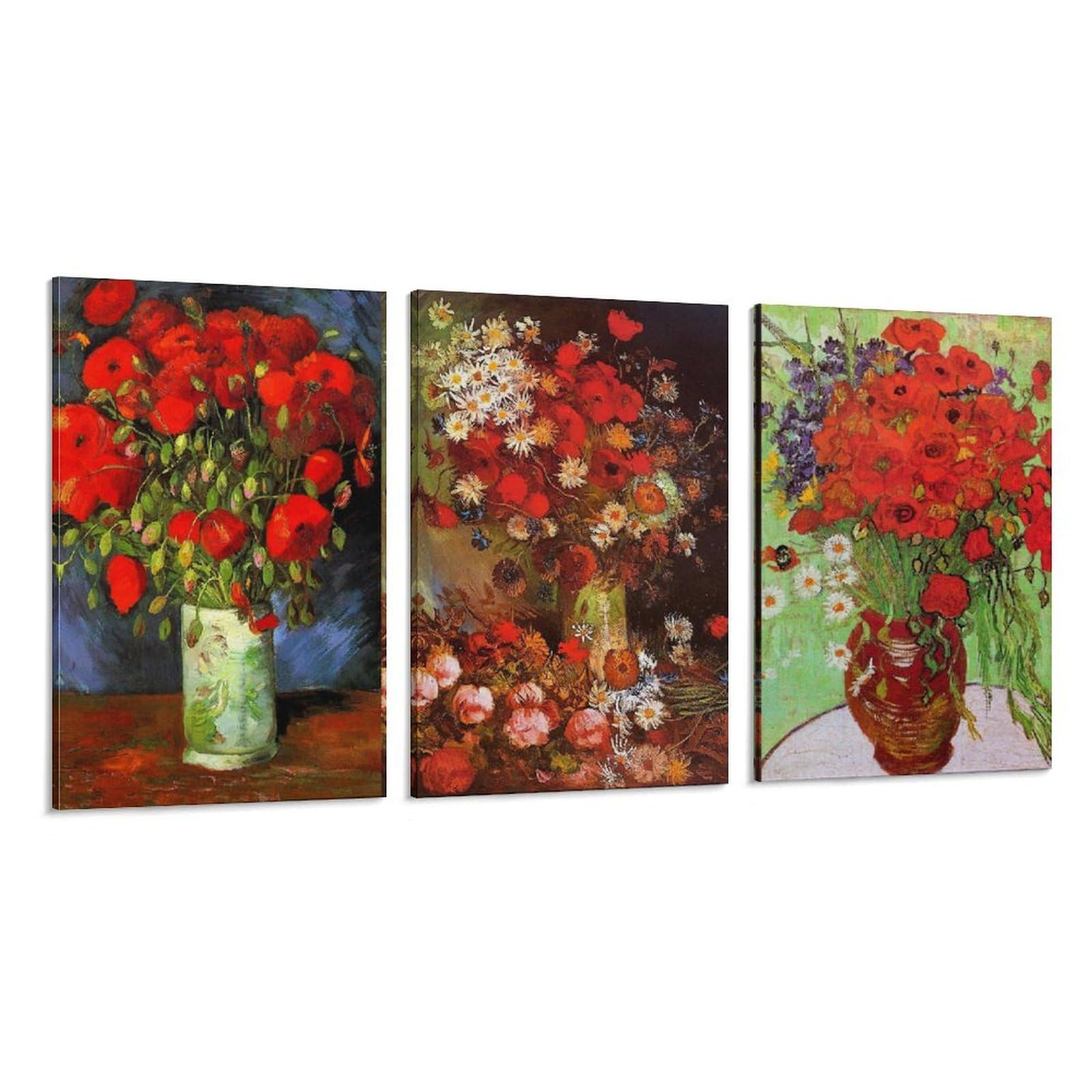 Set of 3 Canvas Wall Art Red Poppies And Daisies By Vincent Van Gogh Oil Paintings Reproduction Canvas Art Poster And Wall Art Picture Print Modern