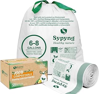 Compostable Trash Bags 6-8 Gallon (50-Pack) – Heavy Duty, 1.1 Mil Thick, 100% Biodegradable Kitchen Waste Bags for Medium Bins | ASTM D6400, BPI & OK Compost HOME Certified, Eco-Friendly & Recyclable