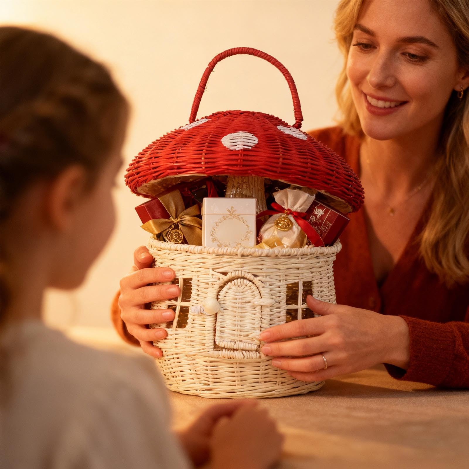 Cesta de Almacenamiento Rattán Hecho a Mano Decoración del Hogar | De Mimbre Para Escritorio Almacenamiento para Picnic Exterior Playa Cocina Sala Aperitivos Comida Juguetes Niños Adultos