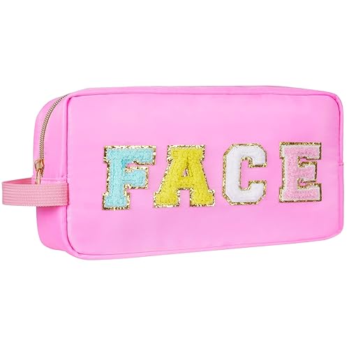 Bolsa de cosméticos de nailon con parche de letras universitarias de chenilla, organizador de bolsas de viaje para el cuidado de la piel para disponible en Yaxa Peru