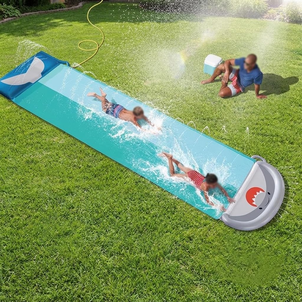 Aufblasbare Wasserrutsche für Kinder, Doppel Wasserrutschmatte mit Sprinkler, 550 cm PVC Garten Wasserspielzeug
