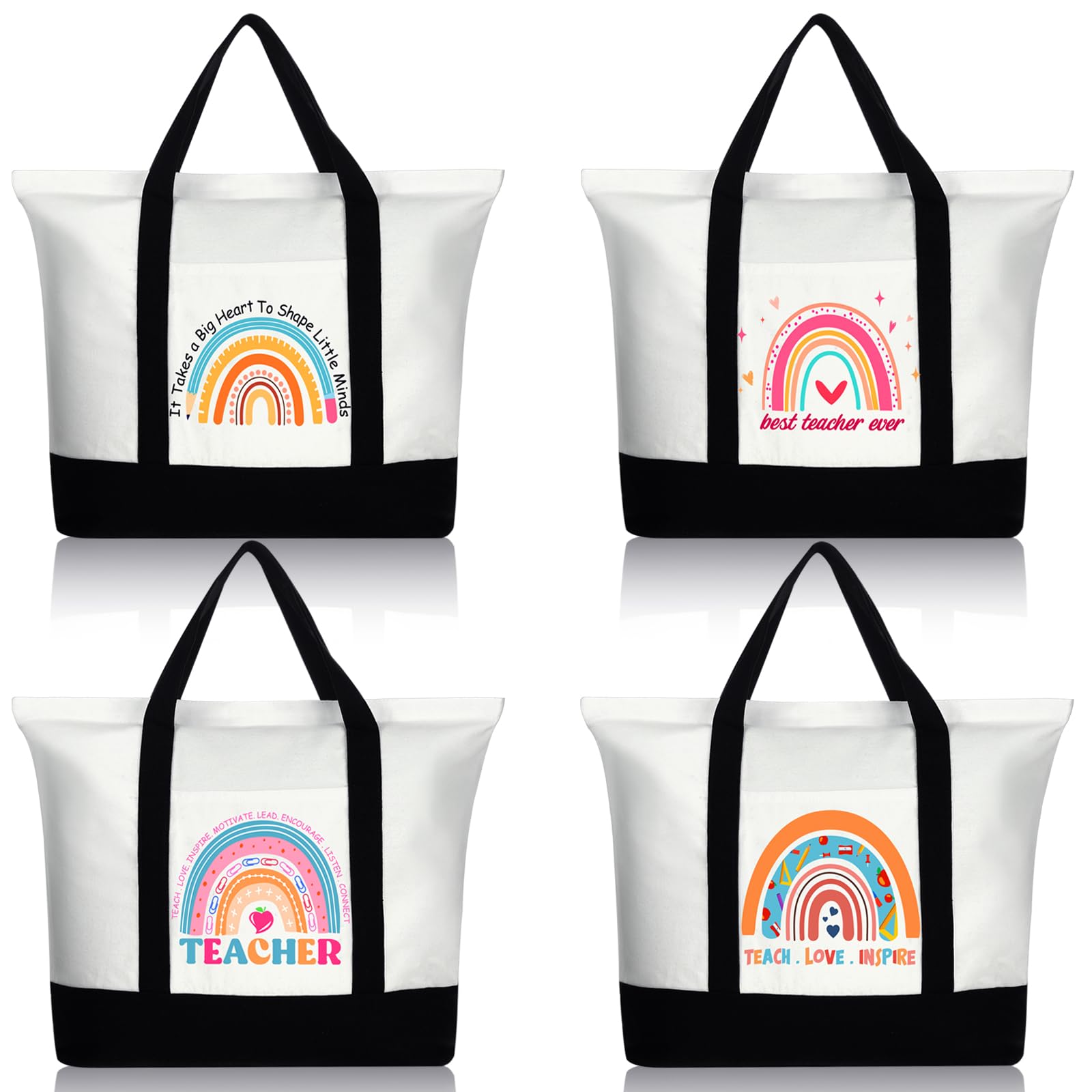 Mixweer 4 Pcs Teacher Appreciation Gifts Bags Teacher Canvas Tote Bags for Women Christmas School Supply(Cute Rainbow)