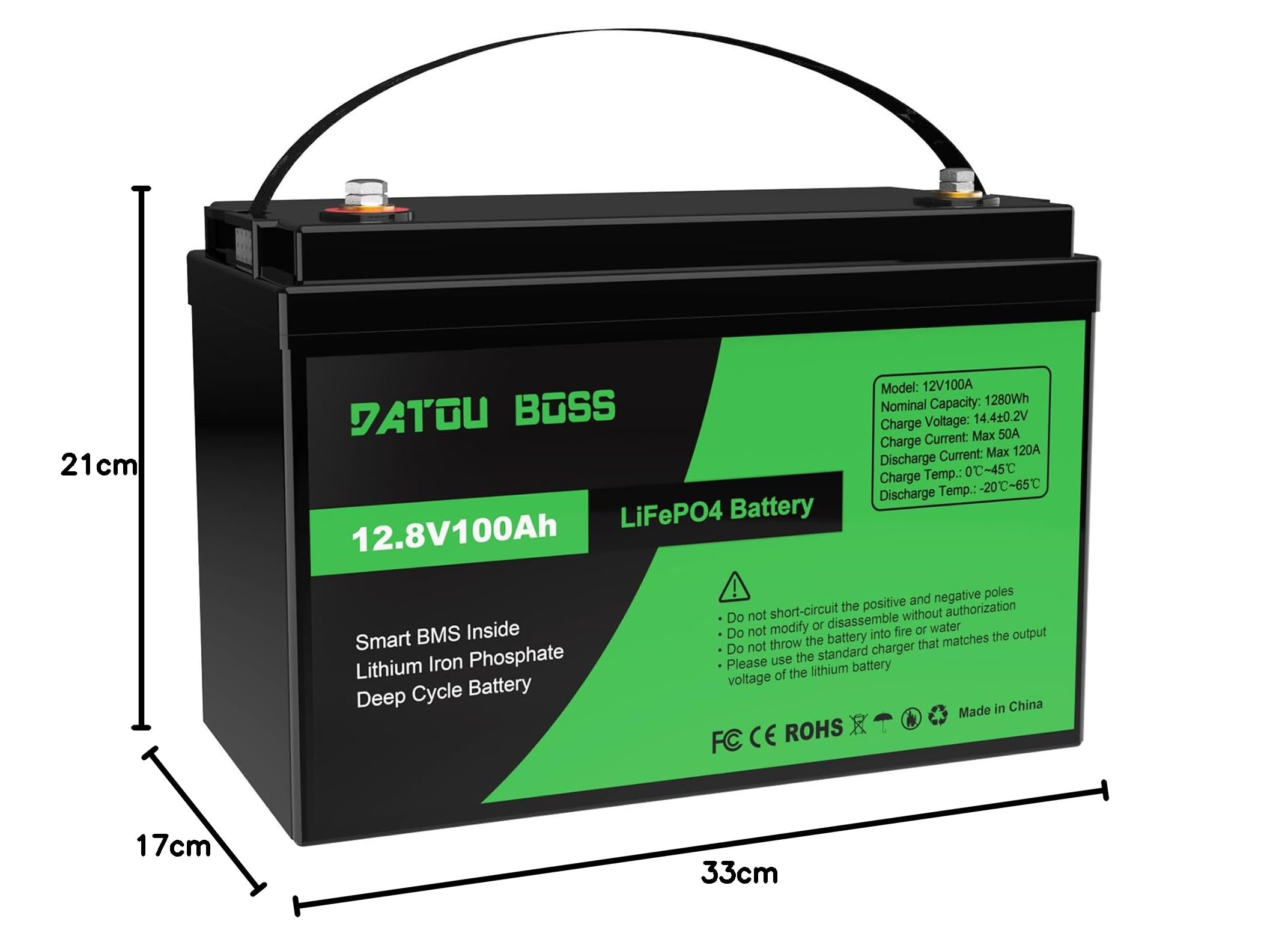 DATOUBOSS Batterie LiFePO4 12 V 100 Ah 1280 Wh au lithium avec BMS amélioré 100 A, max. 15 000 cycles de profondeur, supporte la commutation série/parallèle pour camping-car, panneau solaire, marine