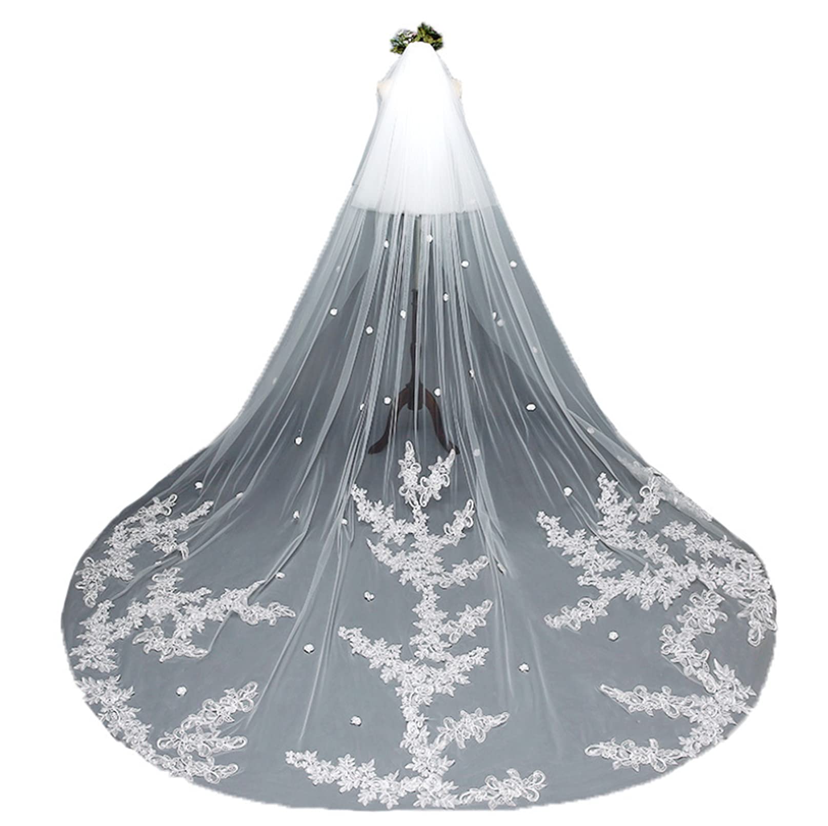 Velo Sposa Che Trascina Lungo Doppio Strato Veli da Sposa Fiore 3D Bordo Pizzo Applique Marry Chapel Accessori per Capelli Elegante Morbido Tulle con Pettine