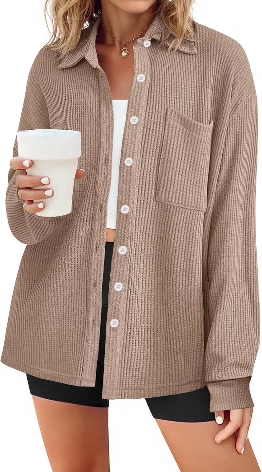Tankaneo Womens Waffle Knit Button Down Shirts Fall Dressy Casual Long Sleeve V Neck Blouse Loose Fit Work Tops Shacket