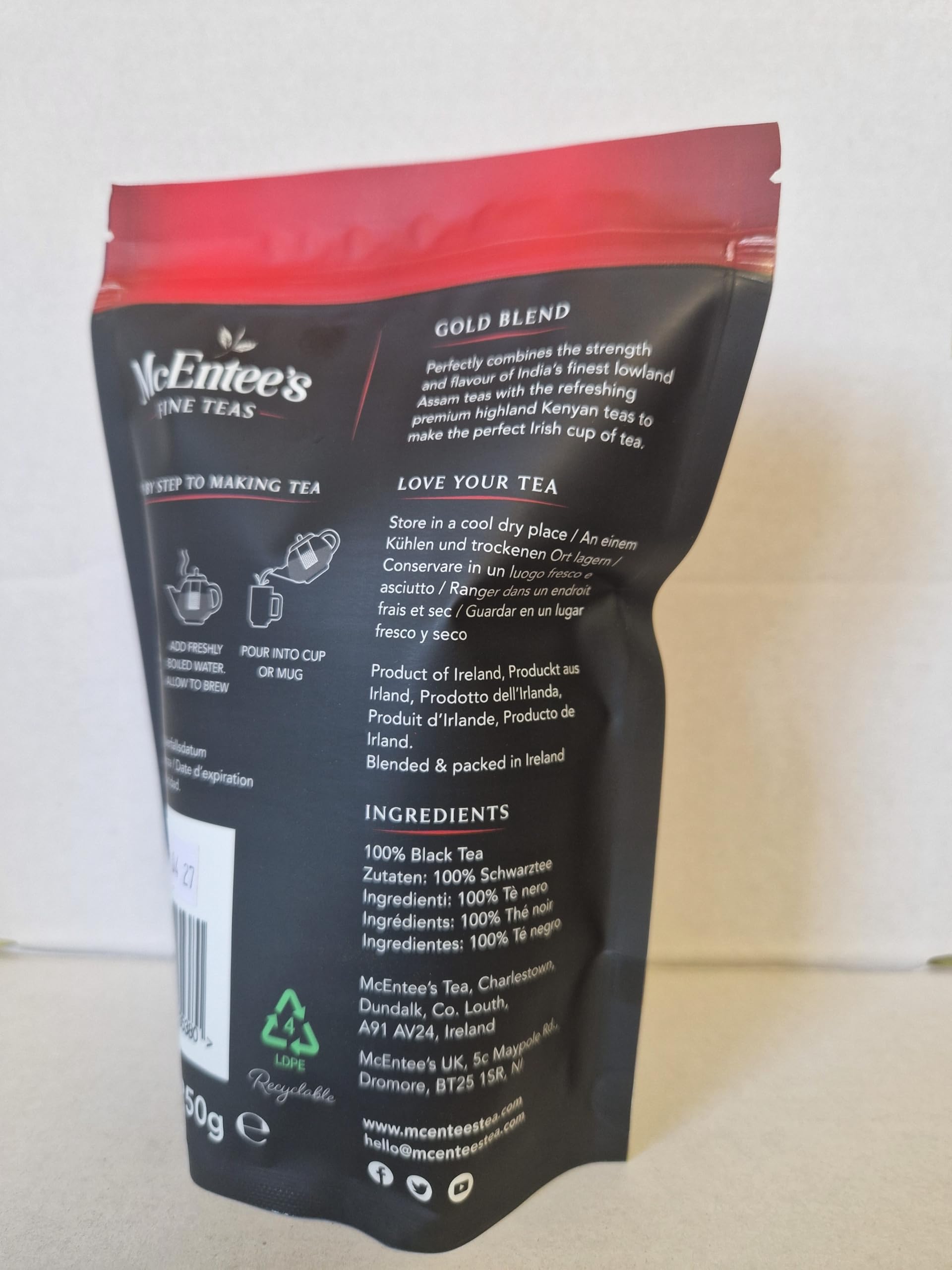 McEntee's Irish Loose Leaf Gold Blend Tea - (Confezione da 2) - Sacchetto da 250 g - Sapientemente miscelato in Irlanda. Assam e tè nero keniota.