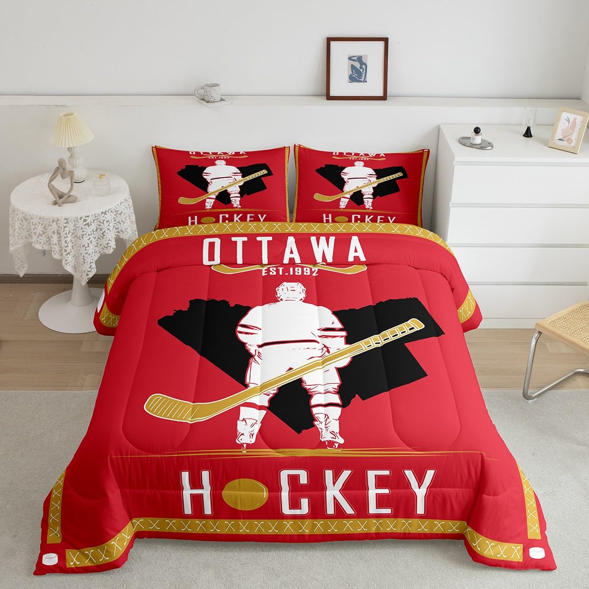 Loussiesd Hokej na lodzie zestaw pościeli hokej na lodzie miasto kołdra zestaw podwójny rozmiar prezenty dla mężczyzn kobiet chłopca lacrosse sporty zimowe kołdra nowoczesna moda sypialnia wystrój