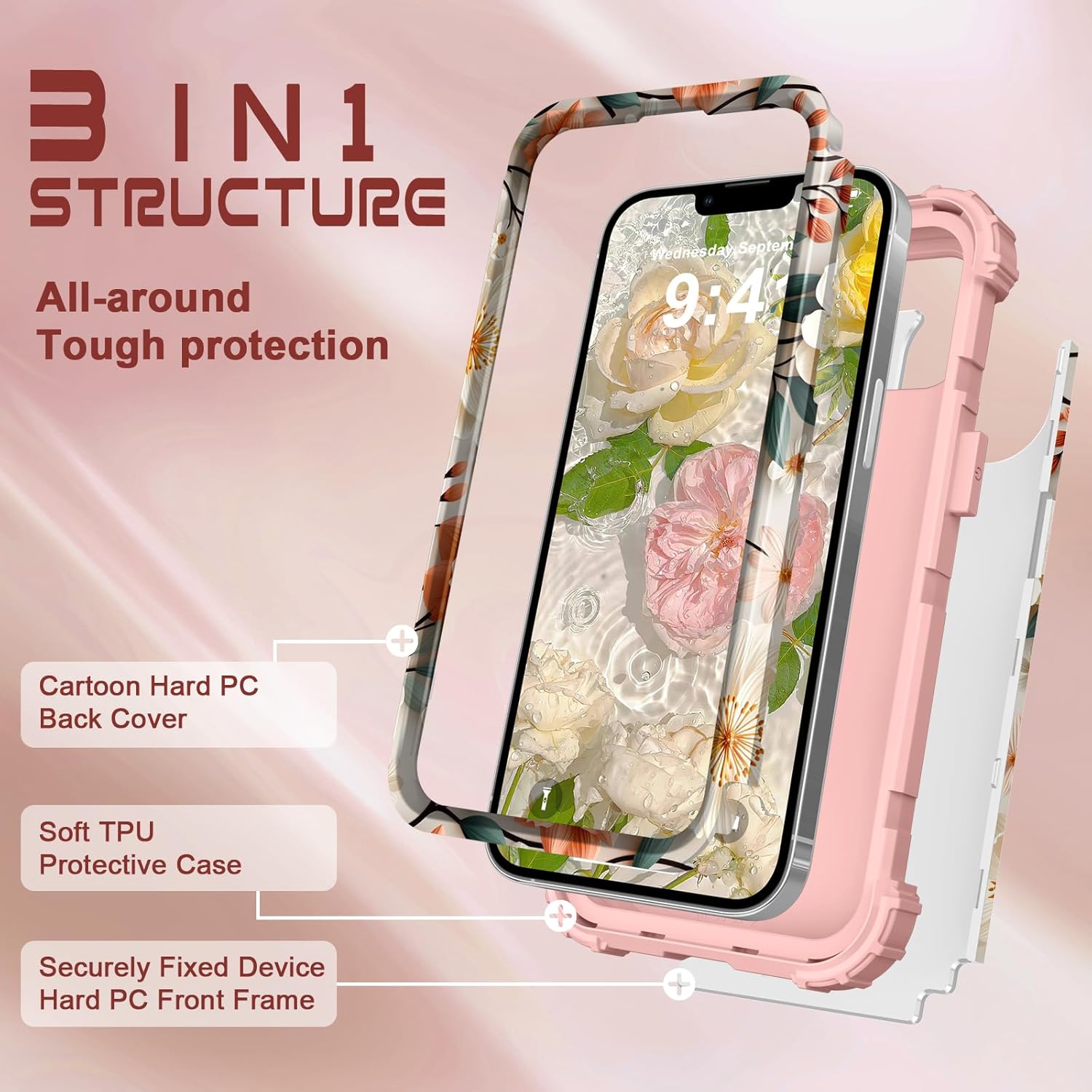 PIXIU Unique Flower Pattern Compatible with iPhone 13/14 6.1 inch case, Heavy Duty Dual Layer Shockproof Full-Body Protective Sturdy Hybrid Cute Rugged Case for Women,Girls,Kids-White/Orange - Image 4
