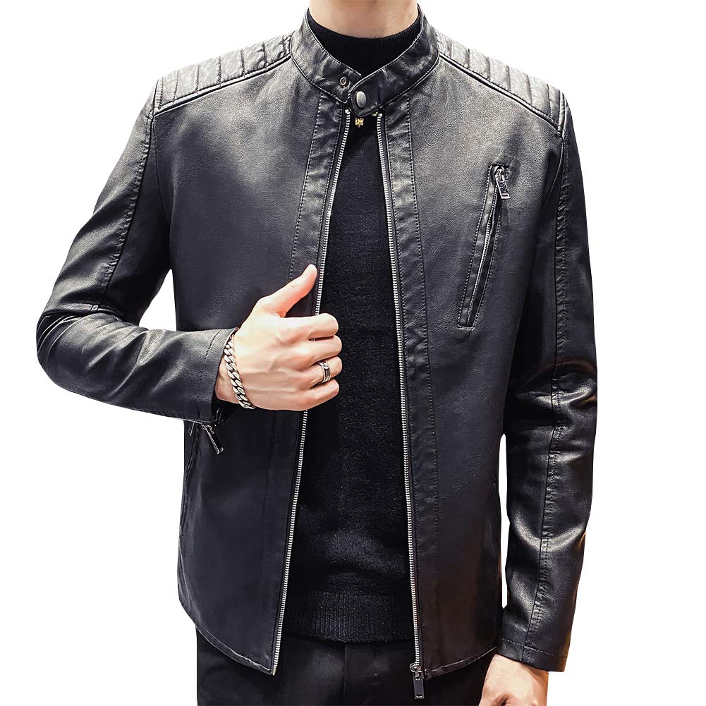 Mens Casual Stand Collar Slim Fit Faux Leather Jacket Biker Motorcycle Jacket