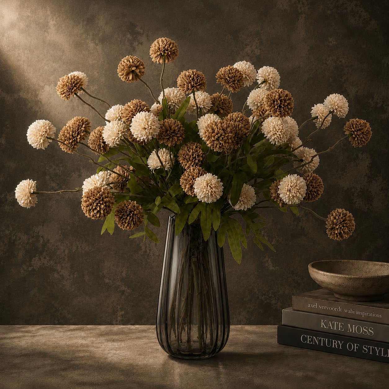 JAKY-Global brown and beige silk chrysanthemums in a smoky glass vase