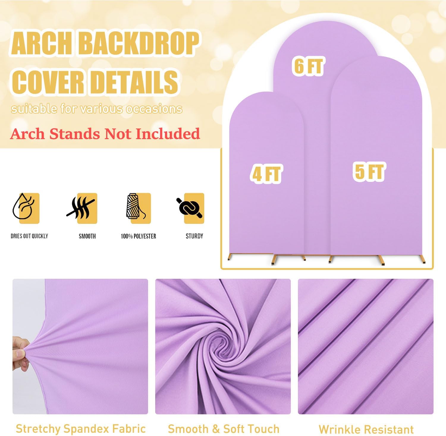 Metal Arch Stand Spandex Arch Backdrop Cover Set of 3 (4FT, 5FT, 6FT) Party Backdrop Arch Lilac Wedding Arch Backdrop Stand with Cover Gold Arch Frame Stand for Arch Cover Wedding Ceremony Decor