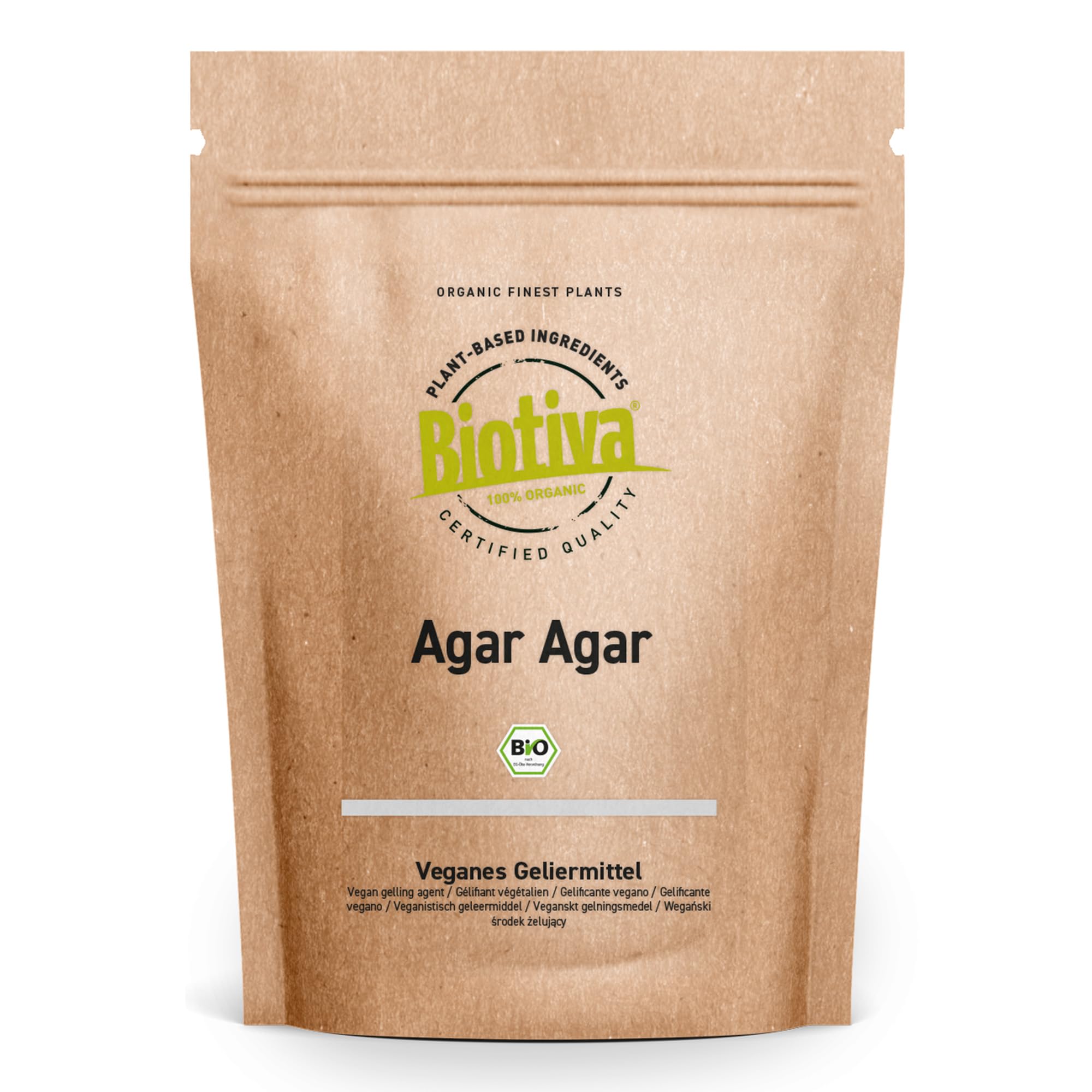 Biotiva Agar Agar oránico 200g - sustituto vegano de la gelatina - aglutinante y gelificante - para platos dulces y salados - controlado y embotellado en Alemania