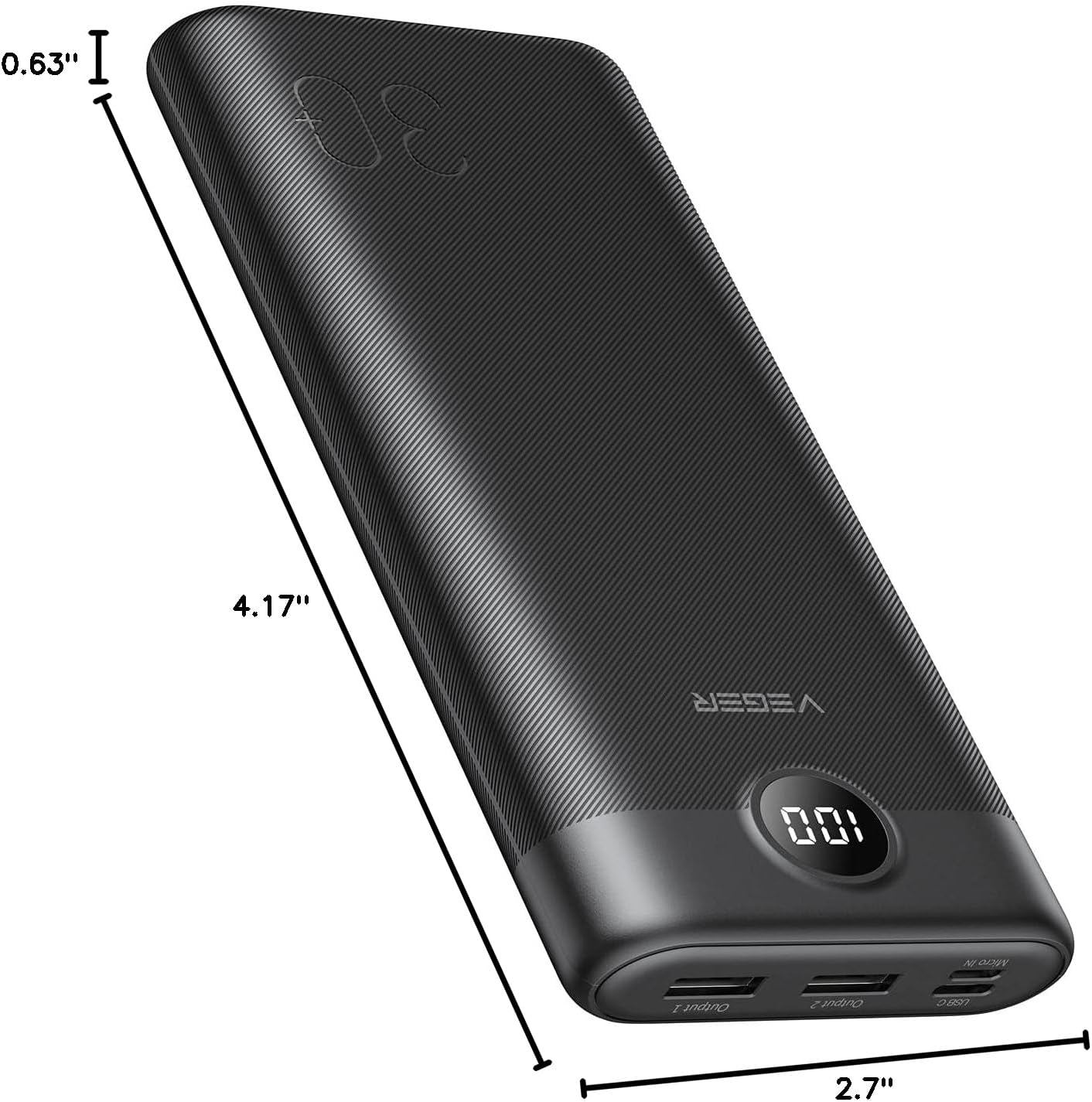 Diagram showing the dimensions of the VEGER power bank: 0.63 inches thick, 4.17 inches long, and 2.7 inches wide.