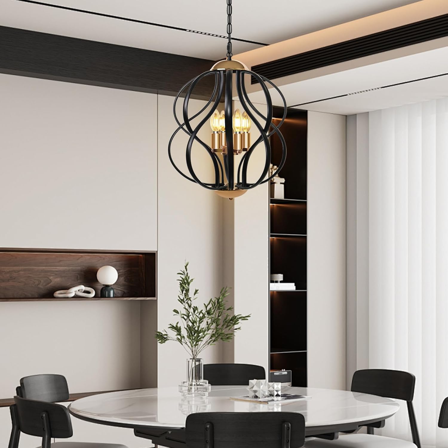Black and Gold Chandelier for Dining Room, 4-Light Modern Farmhouse Chandelier Light Fixture, Adjustable Industrial Pendant Lights Kitchen Island, Hanging Chandeliers for Living Room Foyer