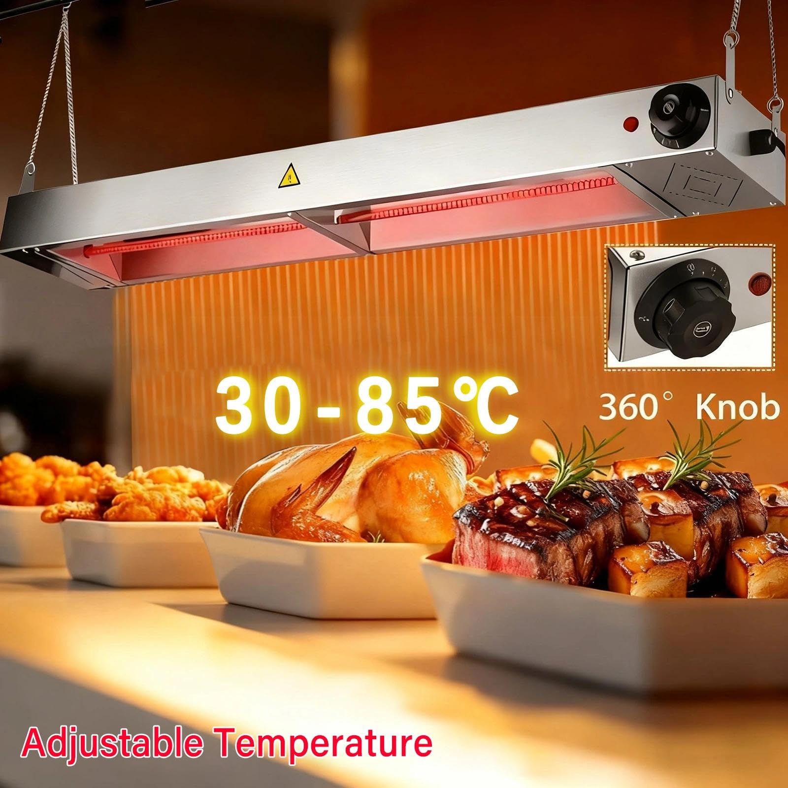 Lampara de Calor de Alimentos, Lampara Calentador Comida para Buffet, Restaurante, Cantina, Pizza, Calentador de Alimentos Acero Inoxidable Colgante Temperatura Ajustable(30-85℃)(60cm)