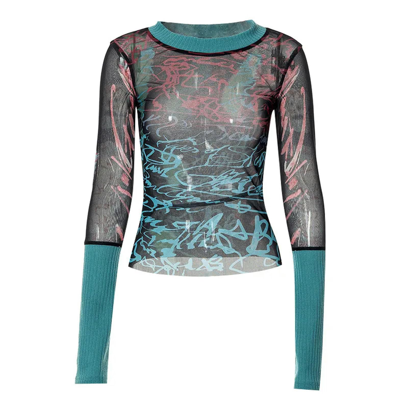 T-Shirt grafiche Streetwear Y2k Donna Maglia Trasparente Patchwork a ma Lunghe Top Vestiti Estetica Anni '90-Beige-L