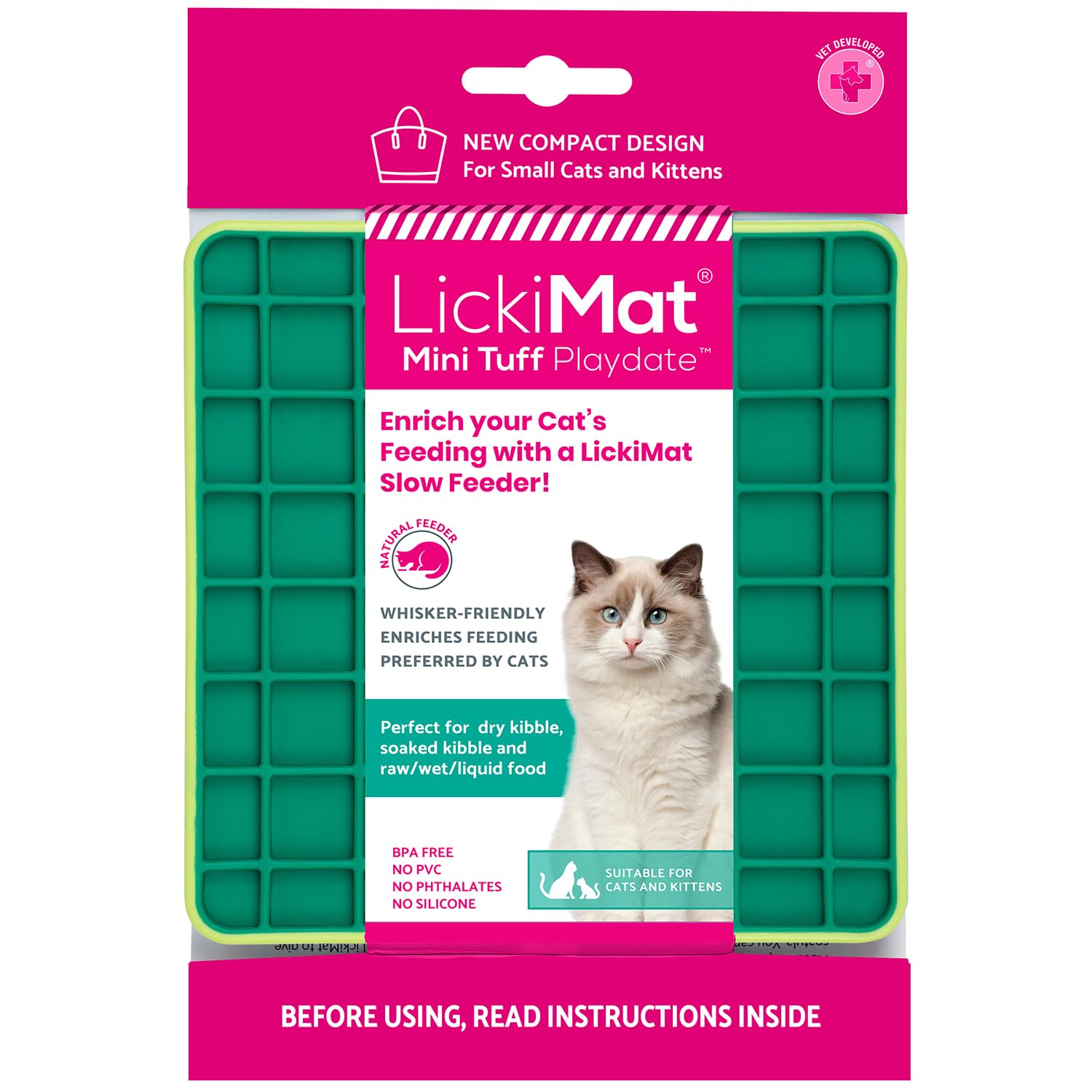LickiMat Mini Tuff Playdate Cat Food Mat, Cat Slow Feeder for Boredom & Anxiety Relief for Cats, Perfect for Food, Treats, Yoghurt & Peanut Butter, Fun Alternative to a Slow Feeding Bowl, Green