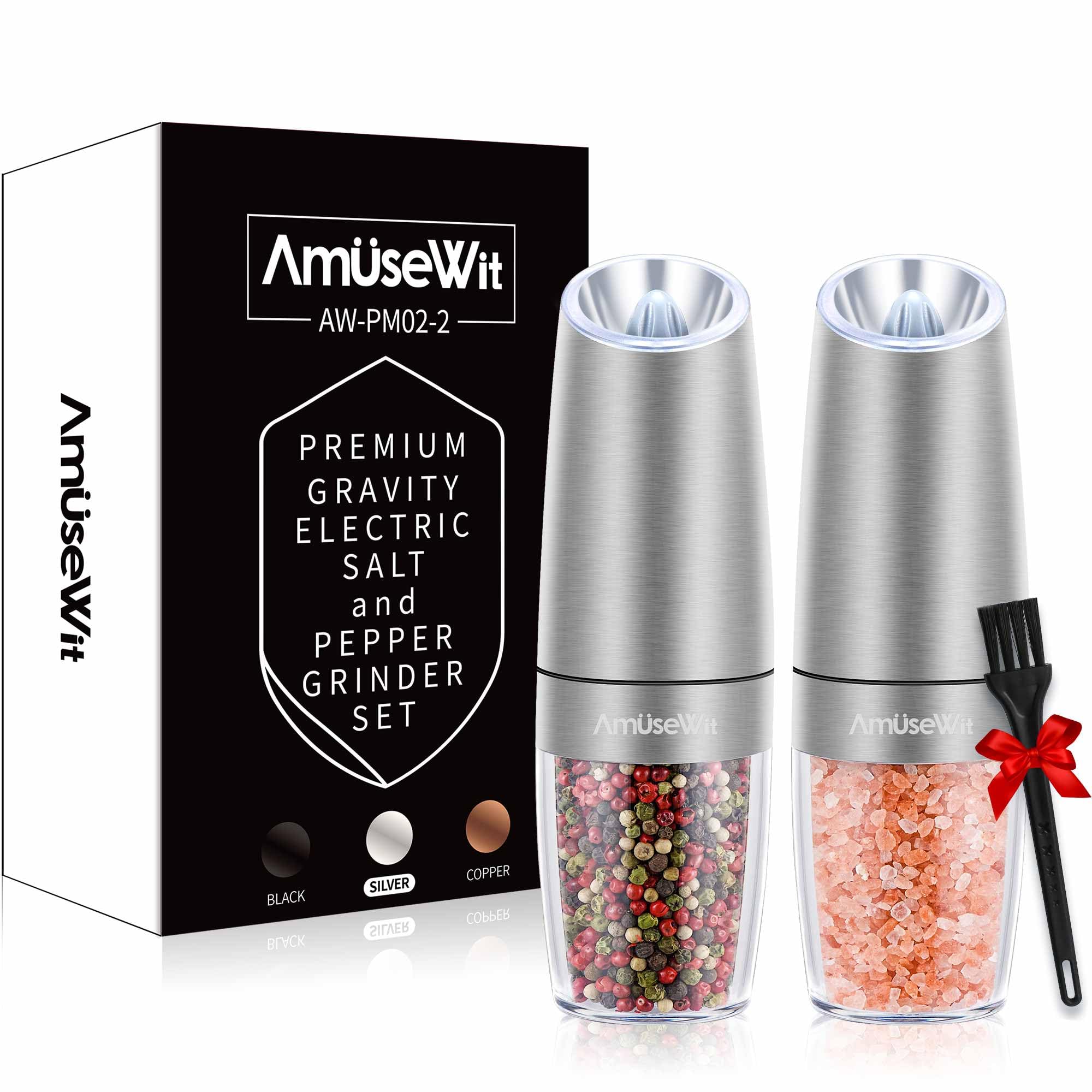 AmuseWitGravity Electric Salt and Pepper Grinder Set [White Light] - Battery Operated Automatic Pepper and Salt Mills,Adjustable Coarseness,One-Handed Operation,Stainless Steel