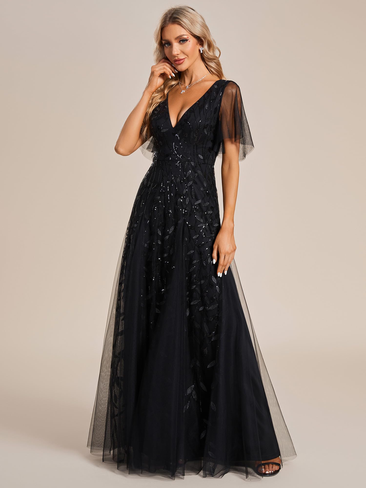 Ever-Pretty Damen A-Linie Abendkleider V-Ausschnitt Romantisches Kurze Ärmel Elegant Partykleid Lang 00736