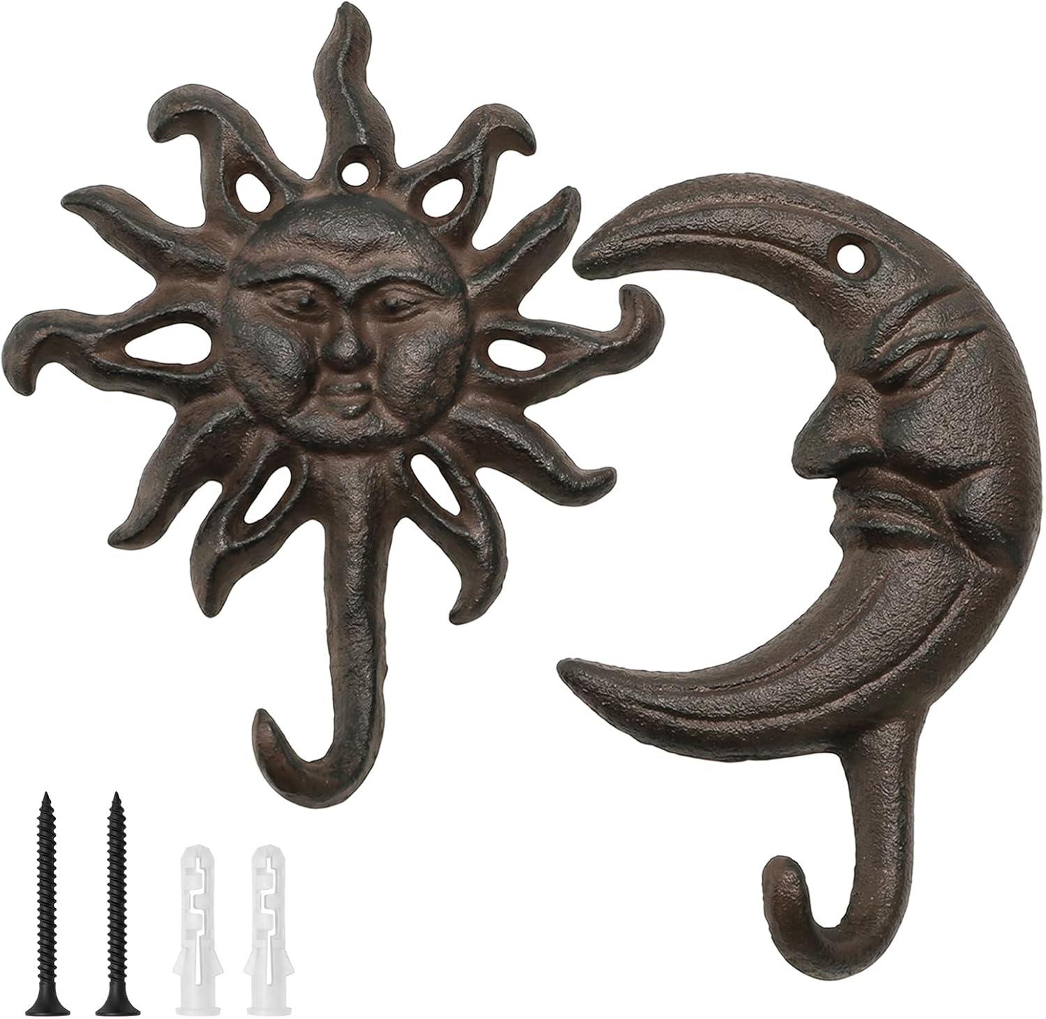 ZAVOOS 2 Pack Cast Iron Hooks, Heavy Duty Rustic Coat Hooks with Screws for Hanging, Vintage Wall Mounted Farmhouse Decorative Hanger for Hats, Towels, Bags, Keys, Sun Moon Shaped Celestial Decor