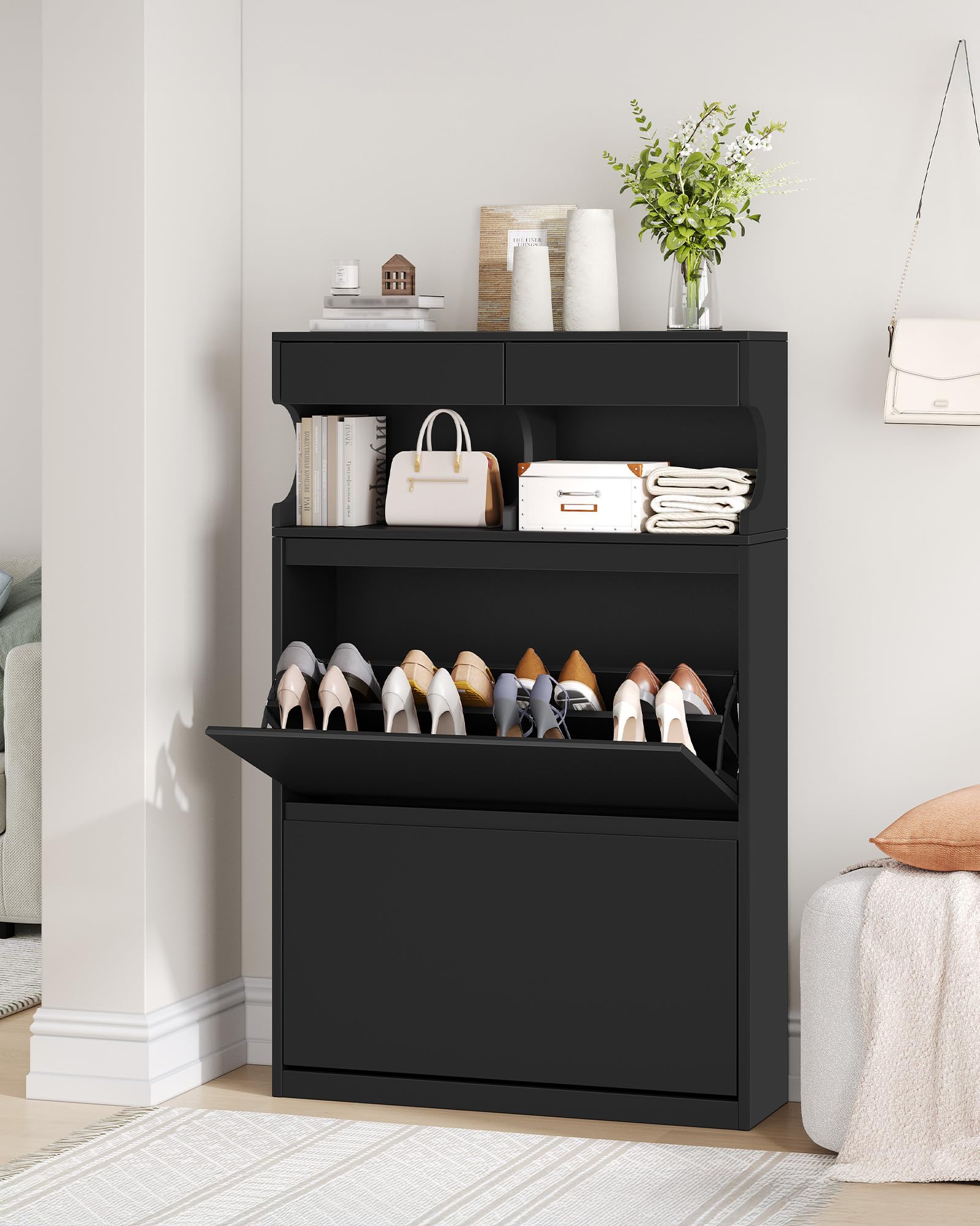 Hzuaneri Schuhschrank, Schuhregal Schuhkipper Schmal, Verstellbar, Schuhkommode für Eingang, Flur, Garderobe, 16 Paar, 2 Klappen (80B cm), Schwarz SR45306X