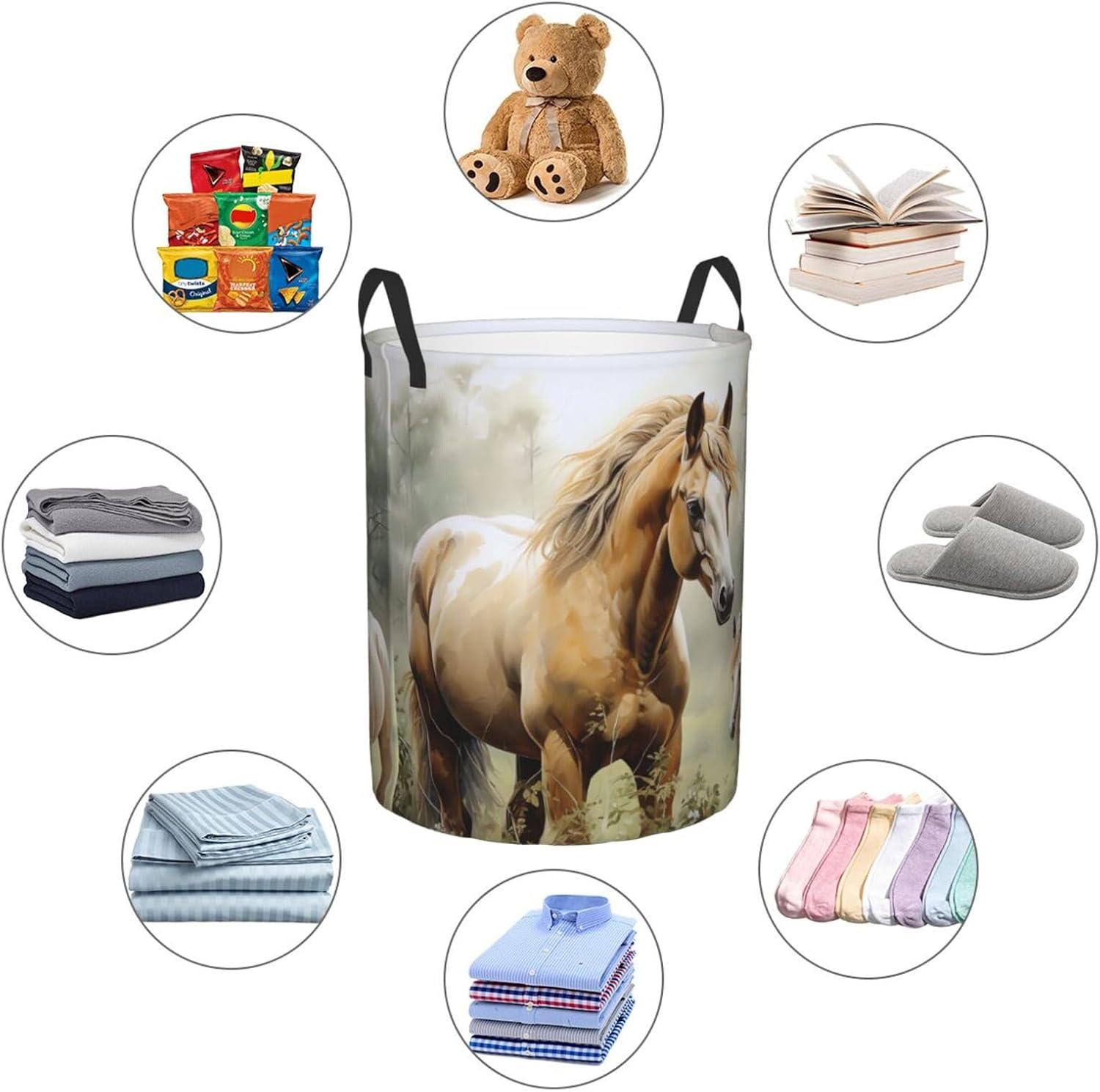 Laundry Hamper Round Laundry Basket with Handles Animals Embroidery Paintings Horses Laundry Hampers Waterproof Circular Hamper for Bathroom Storage Basket Dirty Clothes Hamper for Dirty Clothes
