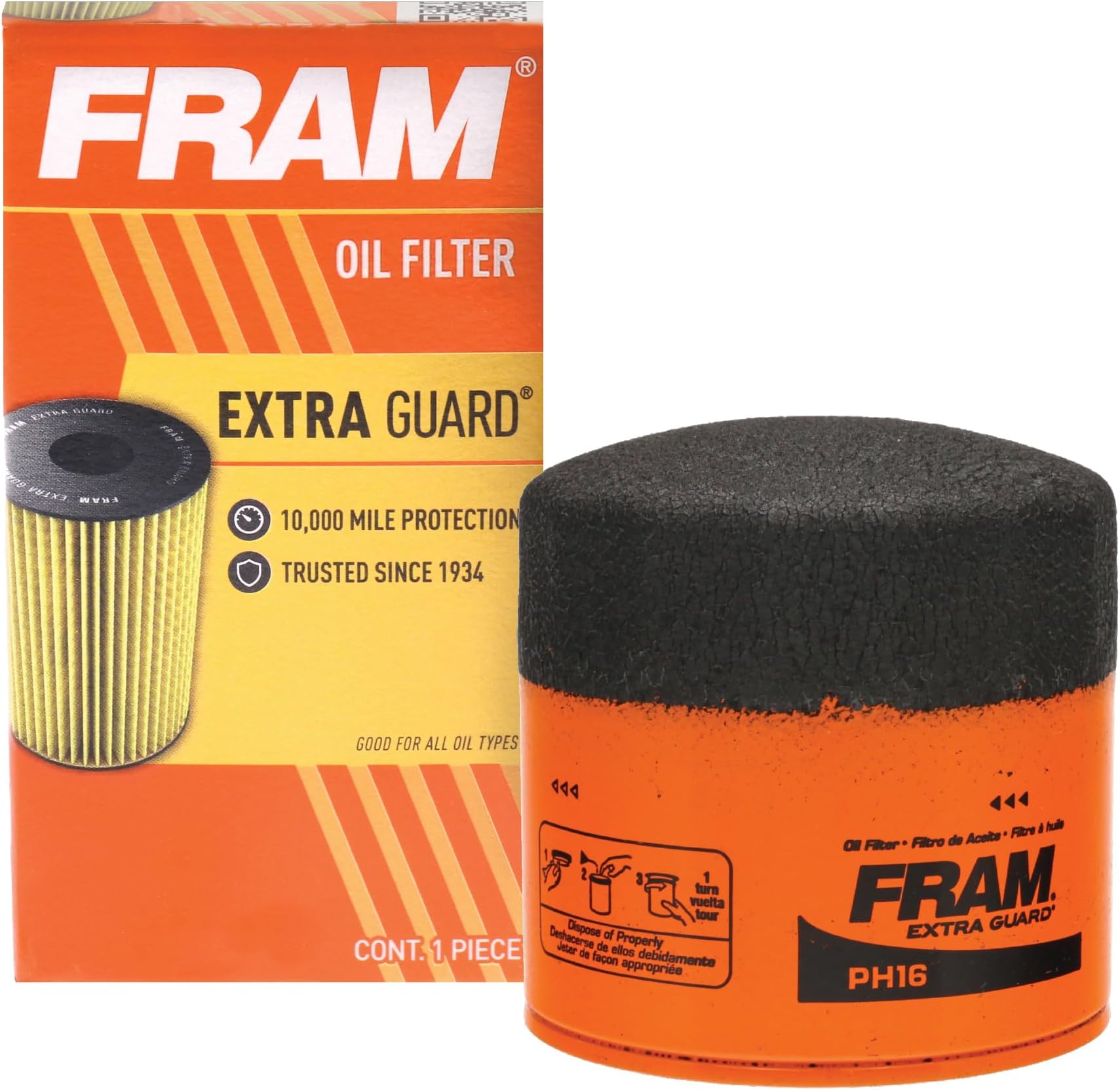 FRAM Extra Guard PH16 10K Mile Change Automotive Replacement Interval Spin-On Engine Oil Filter for Select Vehicle Model Years, Vehicle Engine Protection Oil Filter for Everyday Drivers