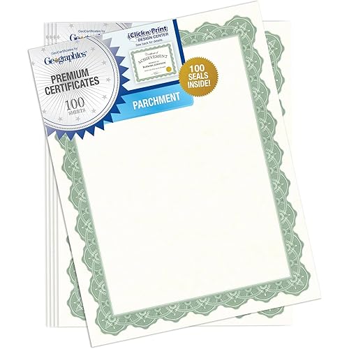 Geographics Recycled Blank Parchment Certificate Paper, 8.5 x 11, Optima Green with Gold Foil, Pack of 100 - Certificate Paper for Printing - Ideal Cardstock for Printers
