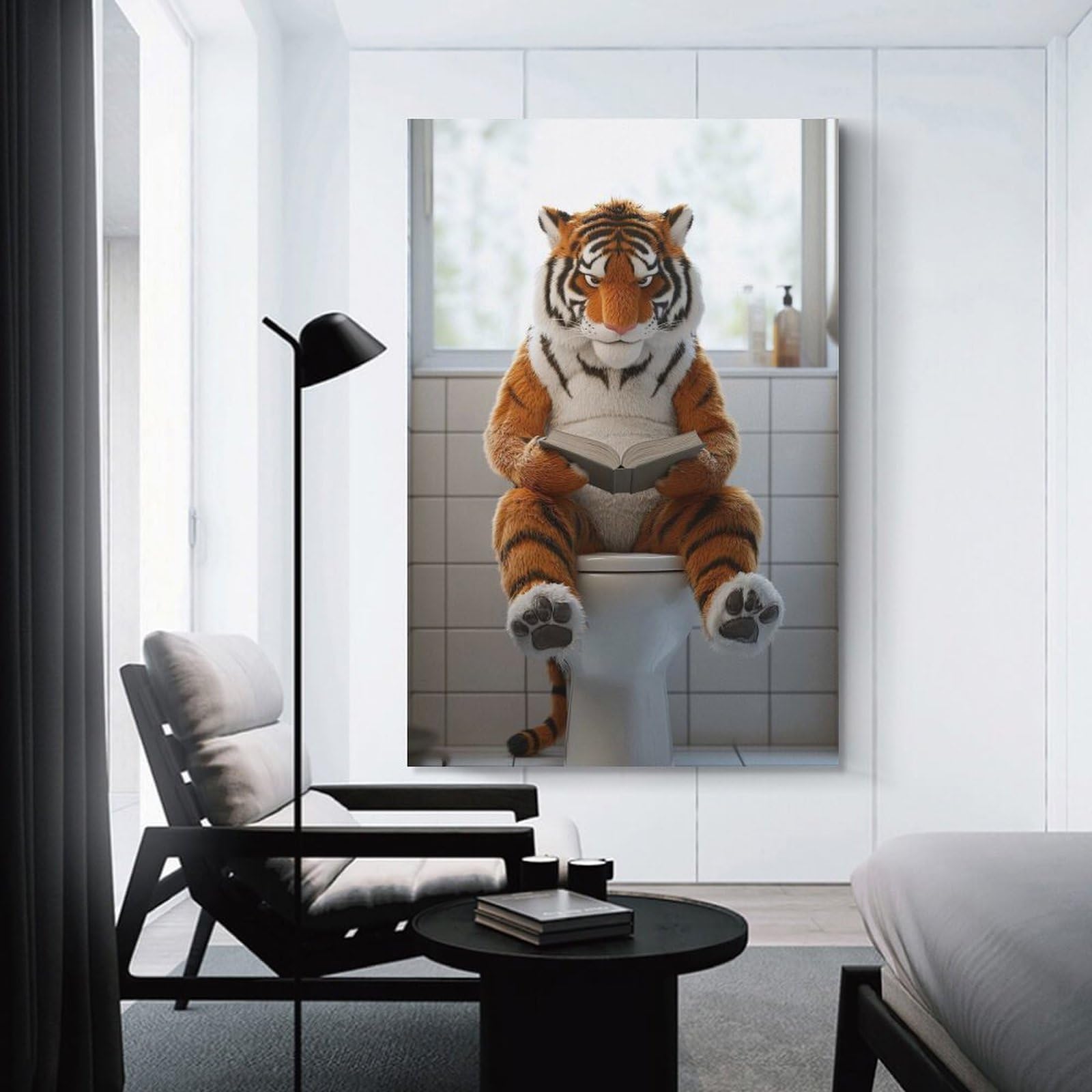 Junmoney Tiger Reading on A Toilet Hanging Wall Art 16x24inch(40x60cm), for Bedroom Walls, Guest Spaces Or Lounges, Home Artwork with A Soft Interior Feel