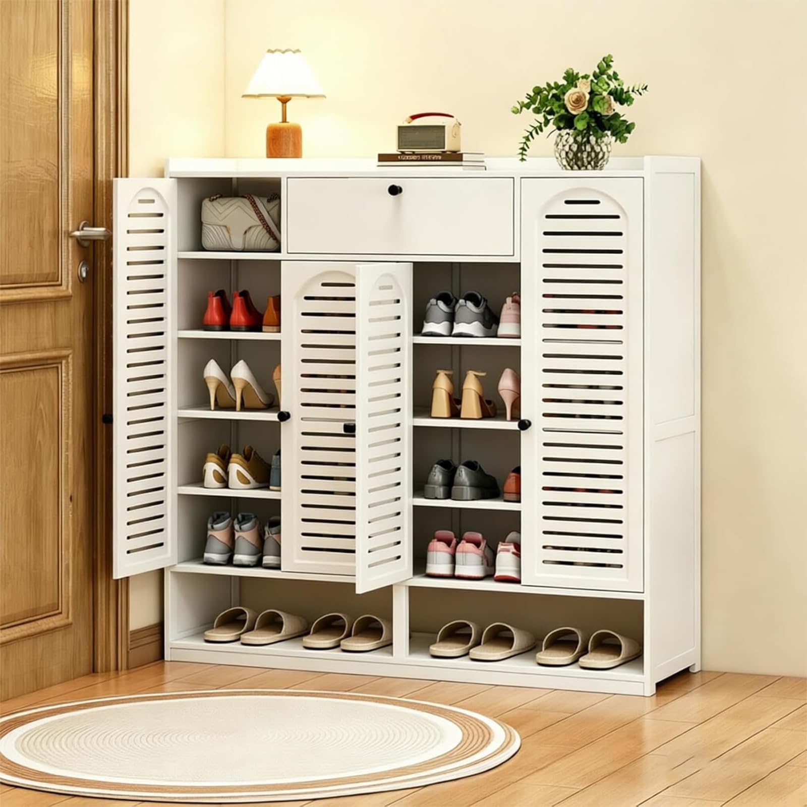 Cvvovilx 7-Tier Freestanding Bamboo Shoe Cabinet with Rolling Door & Adjustable Shelves, Tall Shoe Storage Rack for Entryway, Hallway & Living Room (White)