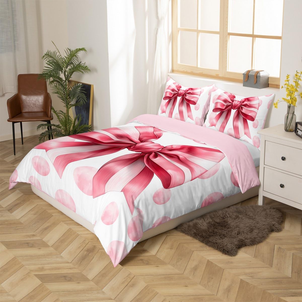 Juego de ropa de cama para niños y niñas, diseño floral de rayas rosas, tamaño doble, 3 piezas, suave, transpirable, con lazo, 1 funda nórdica y 2 fundas de almohada