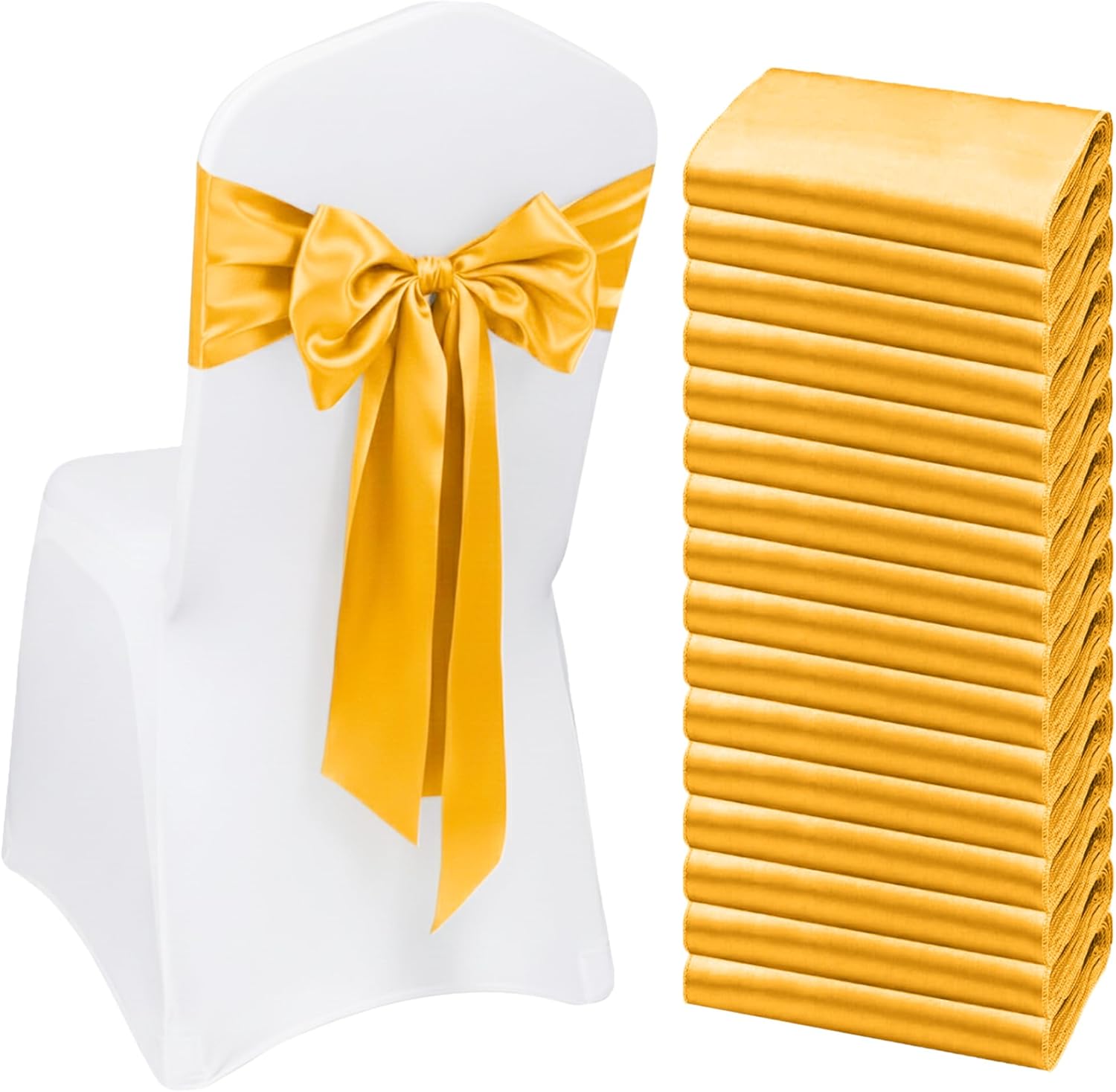 50 PCS Gold Satin Chair Sashes Bows Universal Chair Ribbon Ties Back Sash for Wedding Party Banquets Event Chair Cover Decoration(Gold, 7x108 inch)