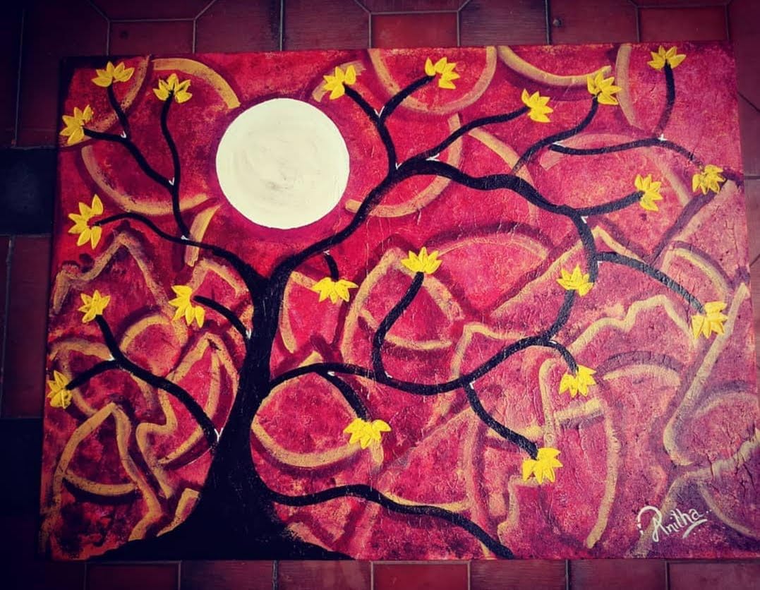 Red Moon Wall Art, Original Acrylic Painting on Canvas, Japanese Cherry Blossom Theme with Yellow Flowers, Night Scene Home Decor